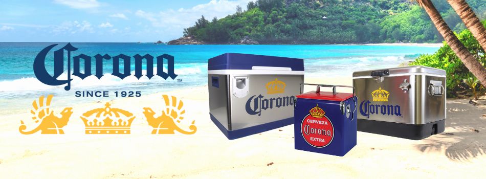 Corona logo in blue and gold plus product shots of cruiser thermoelectric cooler, retro ice box, and 54 qt stainless steel cooler with a sandy beach and blue sky in the background