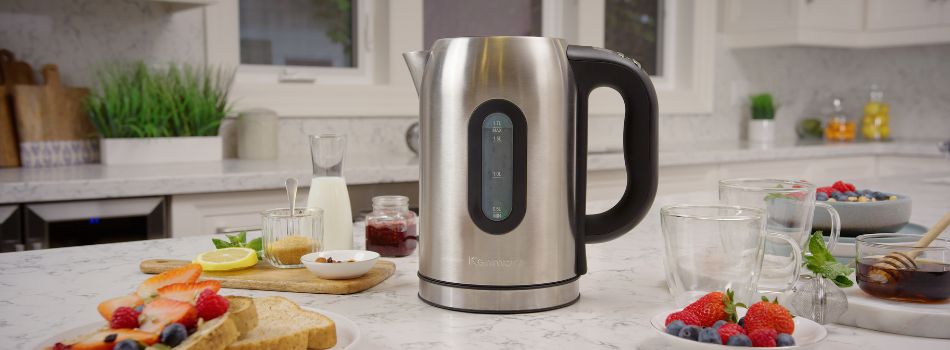 Lifestyle image of Kenmore Tea Kettle, with friuts, toast and breakfast items on kitchen counter