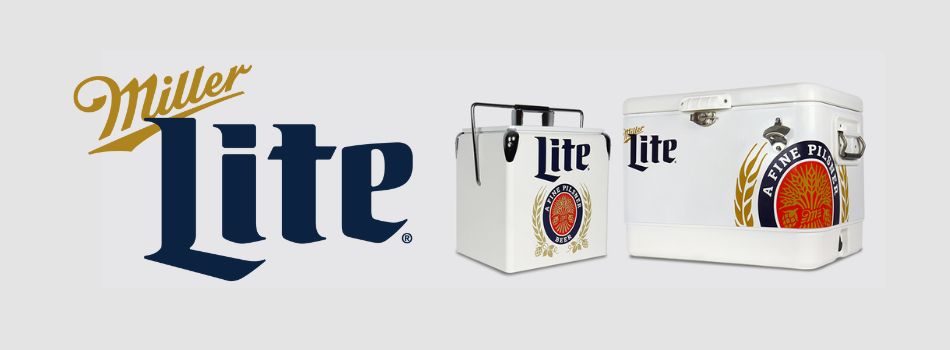 Miller Lite logo in gold and navy blue plus product shots of retro ice box and 54 qt cooler on a pale gray background