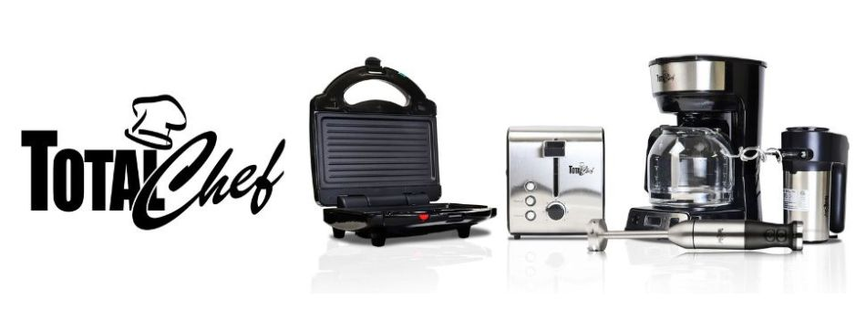 Total Chef logo in black with product shots of 4 in 1 grill, 2 slice toaster, immersion blender, coffee maker, and hand mixer on a white background