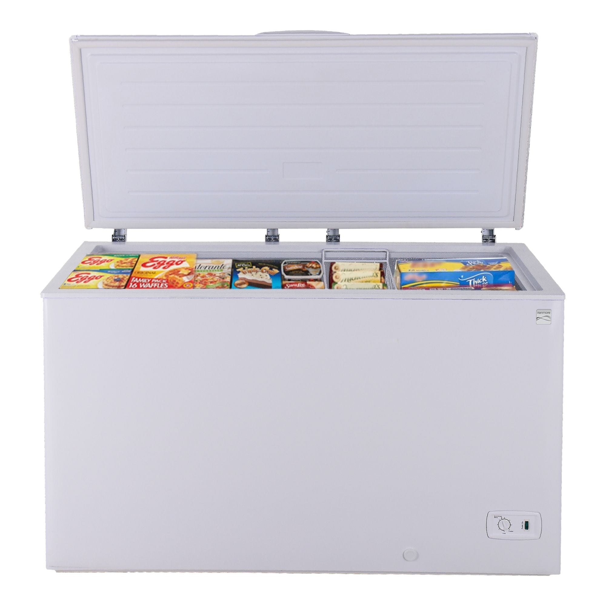 Kenmore chest freezer, closed, on a white background