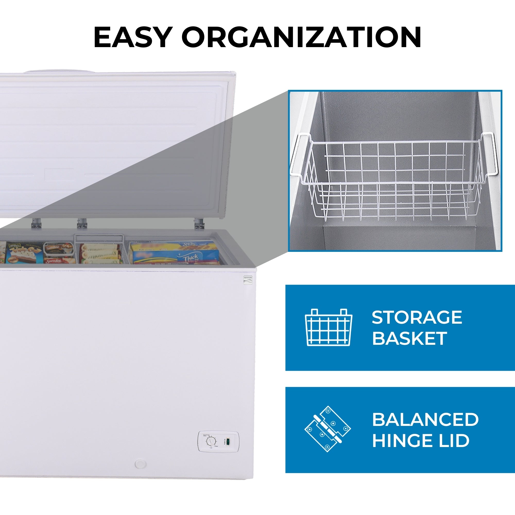 Kenmore deep freeze, open and filled with food items, on a white background with an inset closeup showing the storage basket. Text above reads, "Easy organization," and text and icons beside describe features: Storage basket; balanced hinge lid.