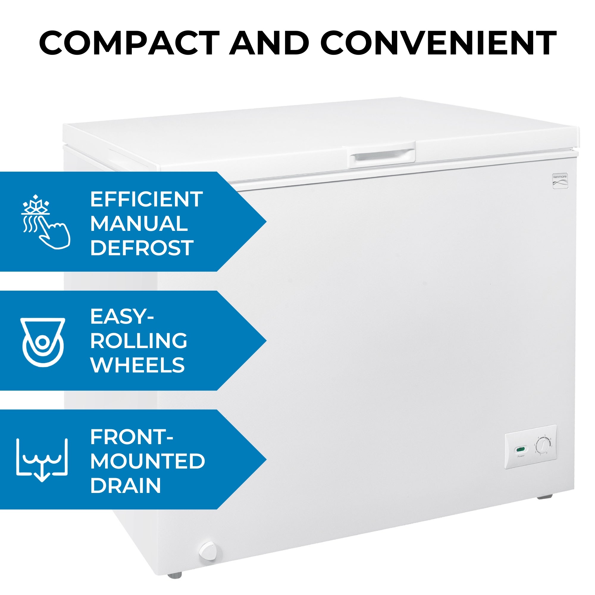 Kenmore chest-style freezer, closed, on a white background. Text above reads, "Compact and convenient," and text and icons beside describe features: Efficient manual defrost; easy rolling wheels; front-mounted drain.