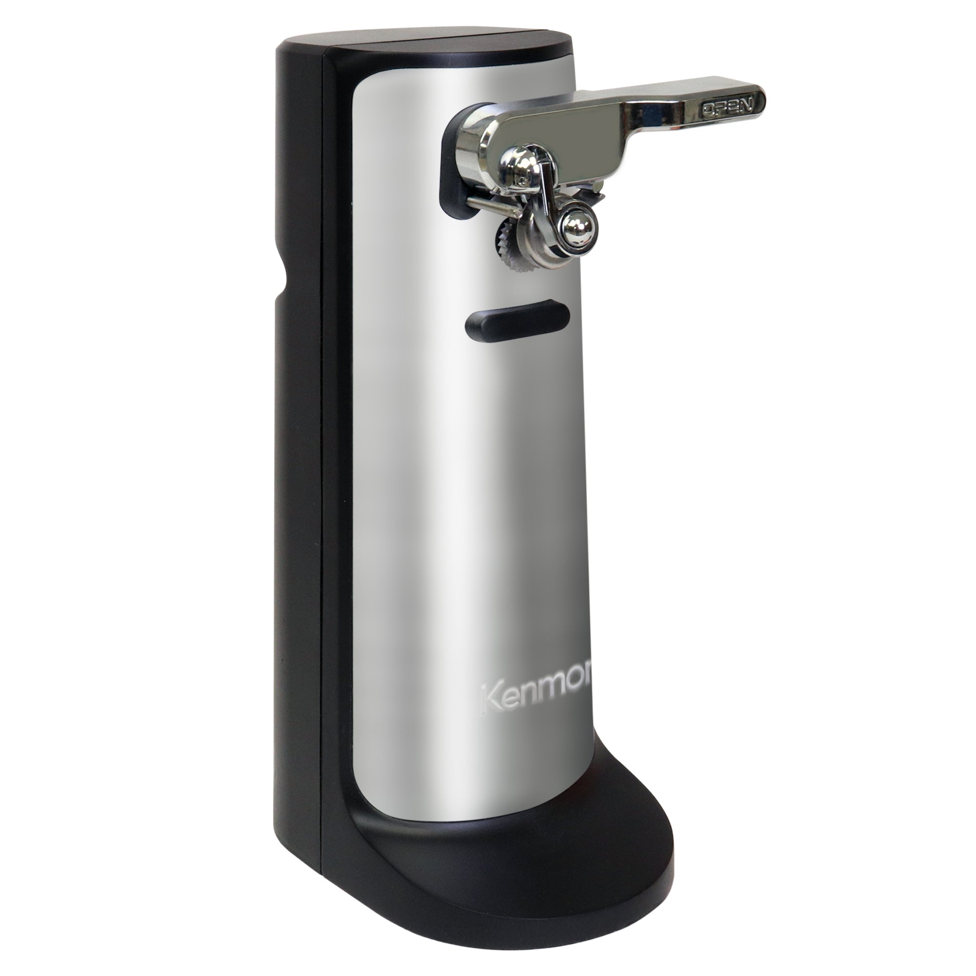 Kenmore 3-in-1 automatic can opener with knife sharpener and bottle opener on a white background