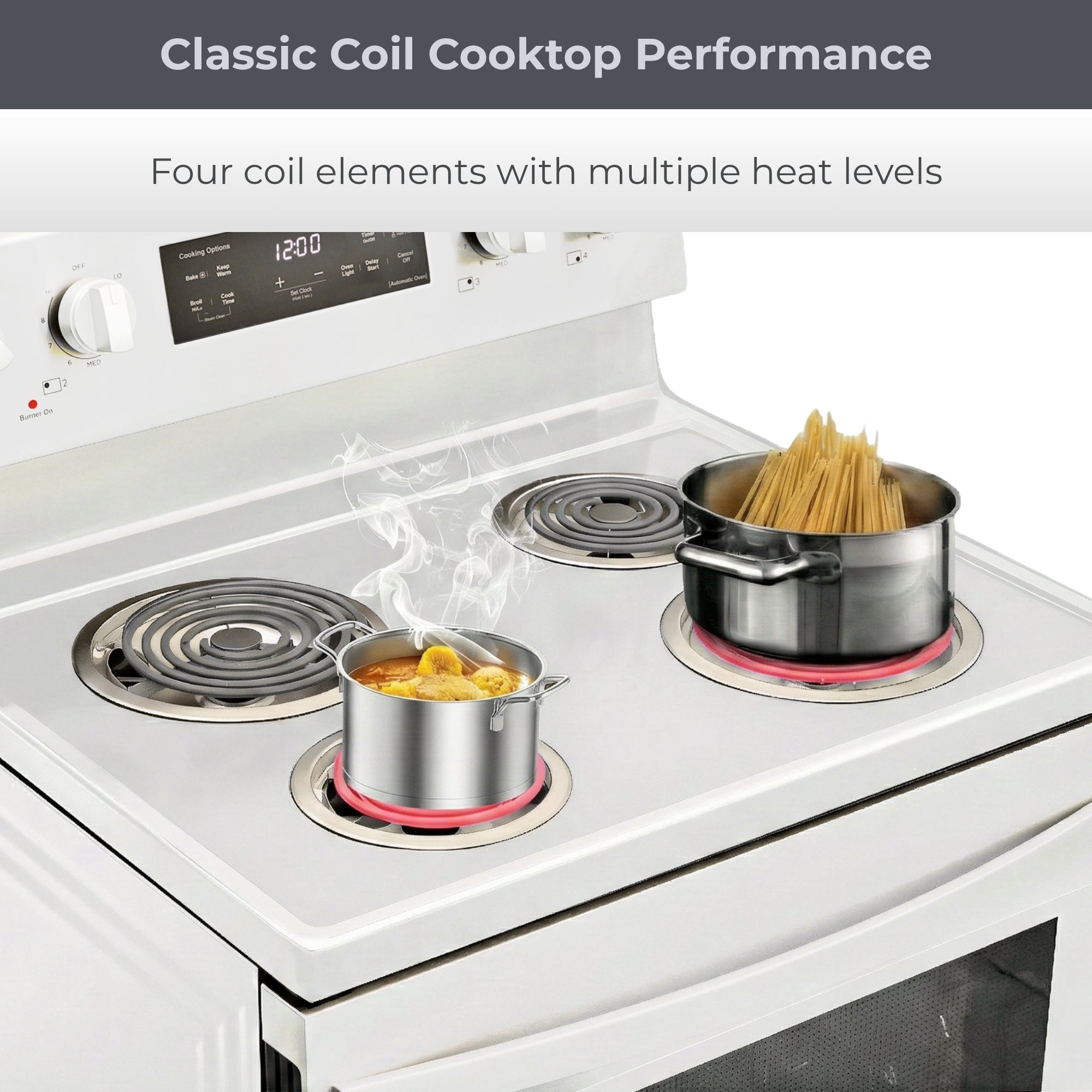 Closeup of the top of the Kenmore coil top electric range with two pots filled with steaming food. Text above reads, "Classic coil cooktop performance: Four coil elements with multiple heat levels"
