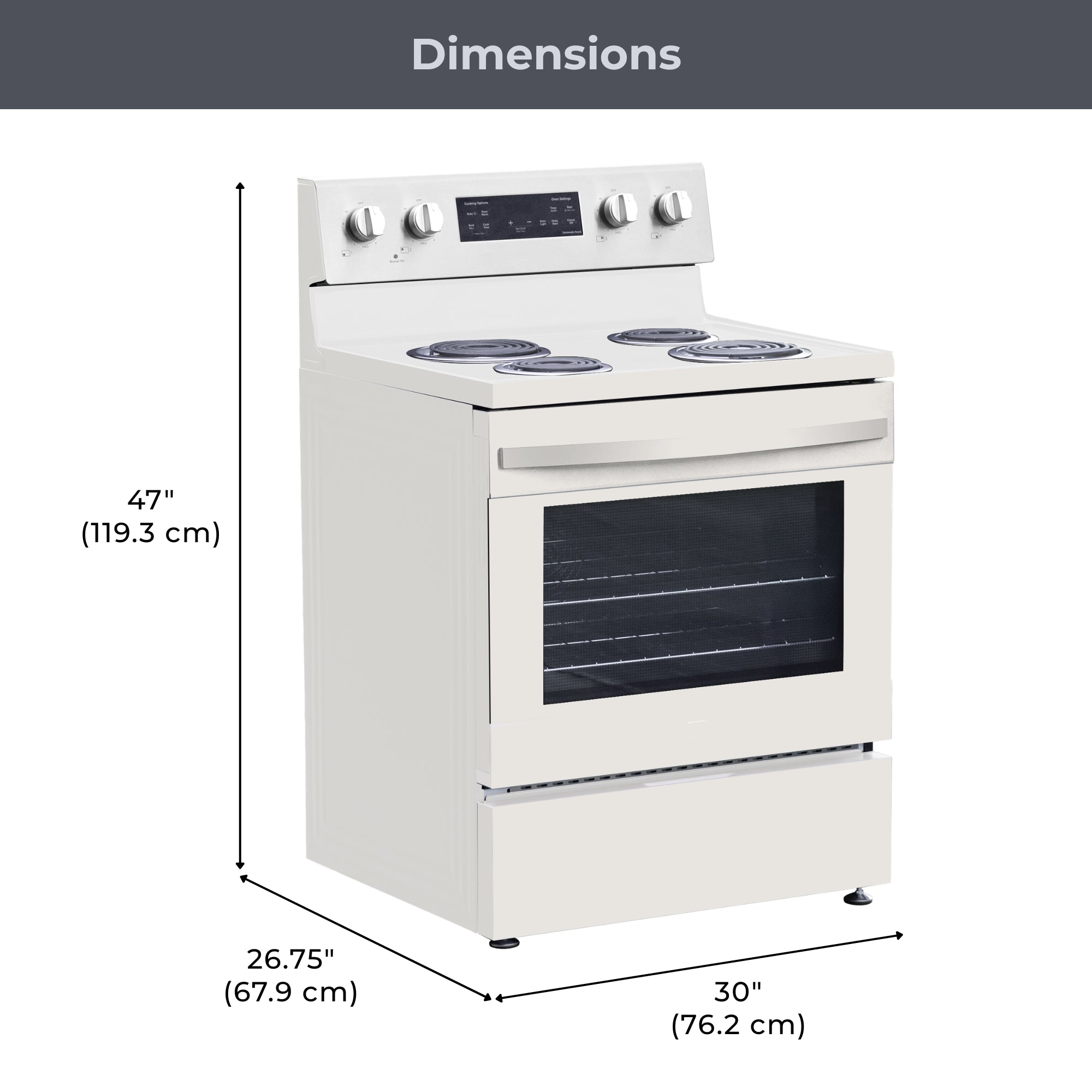 Kenmore coil top electric range on a white background, with dimensions labeled
