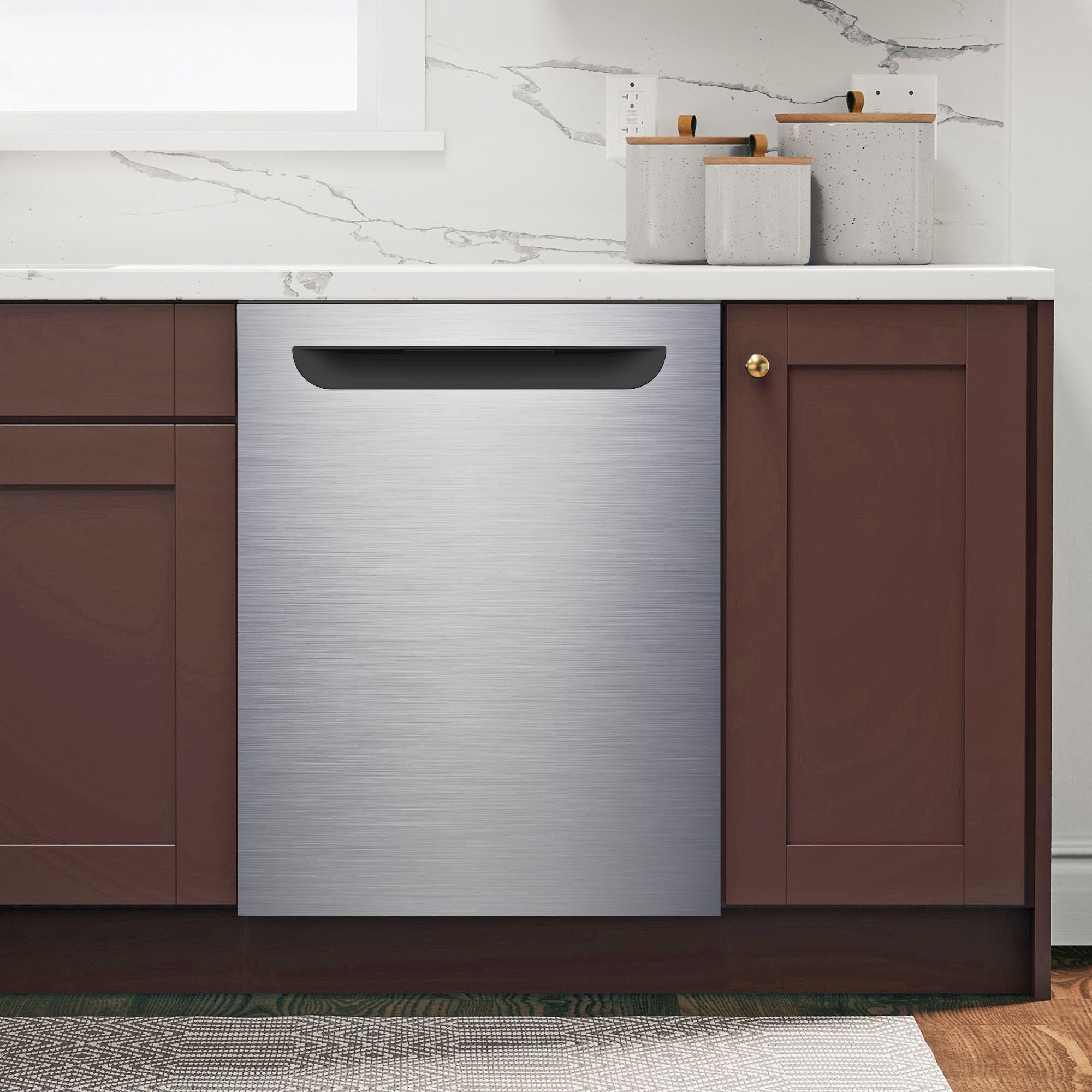 Kenmore ultra-quiet 24-inch top control dishwasher installed in a bright kitchen with burgundy cabinets