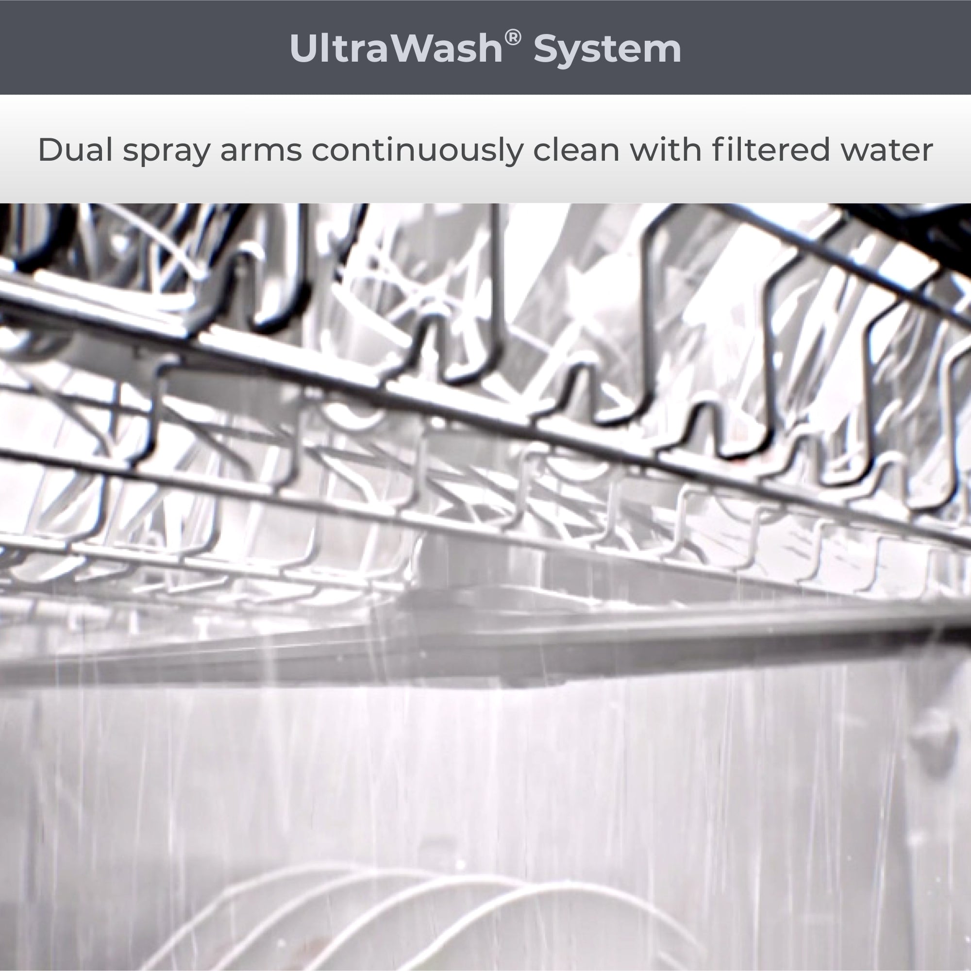 Closeup of the interior of the Kenmore dishwasher with water spraying. Text above reads, "UltraWash System: Dual spray arms continuously clean with filtered water."
