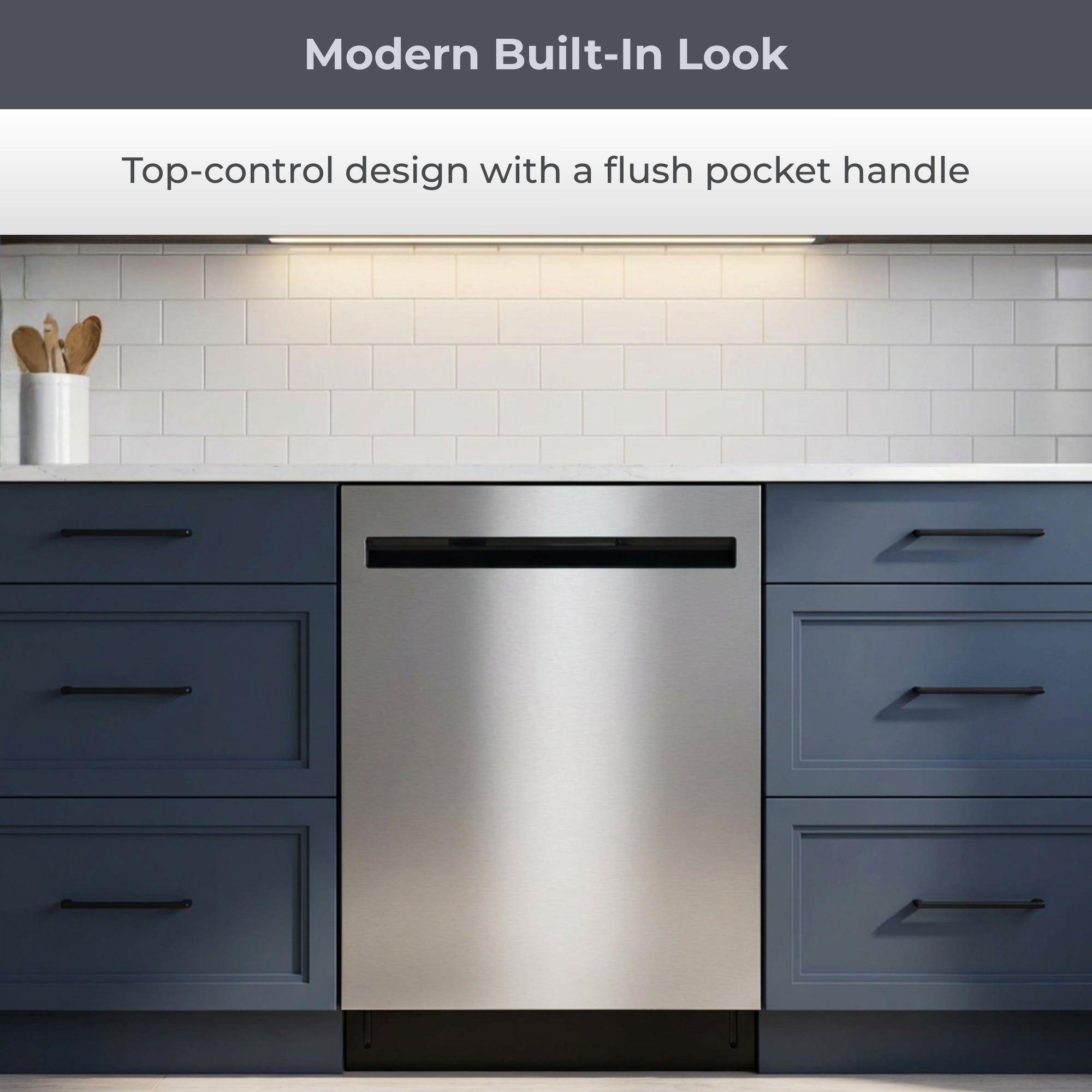 Kenmore ultra-quiet 24-inch top control dishwasher installed in a bright kitchen between teal cabinets. Text above reads, “Modern Built-In Look: Top-control design with a flush pocket handle"