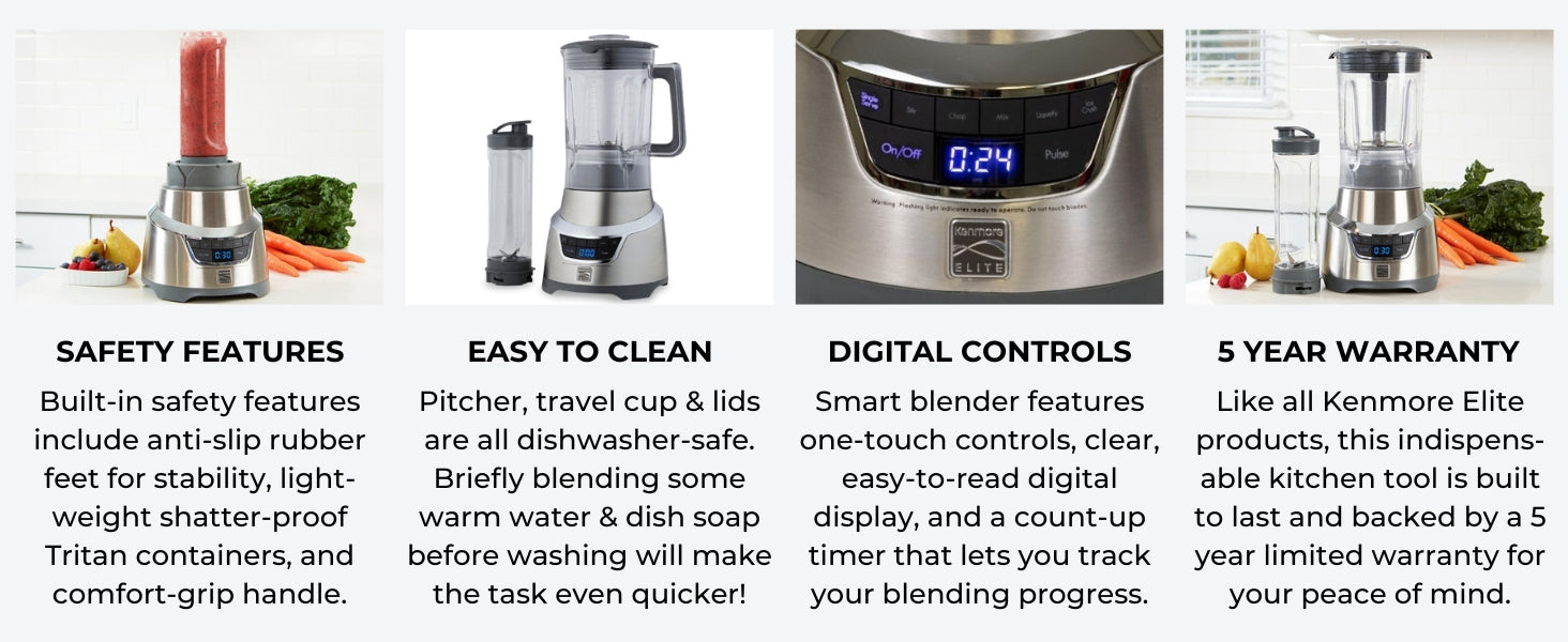 Four closeup images with text below describe features of the Kenmore Elite 1.3 HP blender: Safety features; easy to clean; digital controls; 5 year warranty