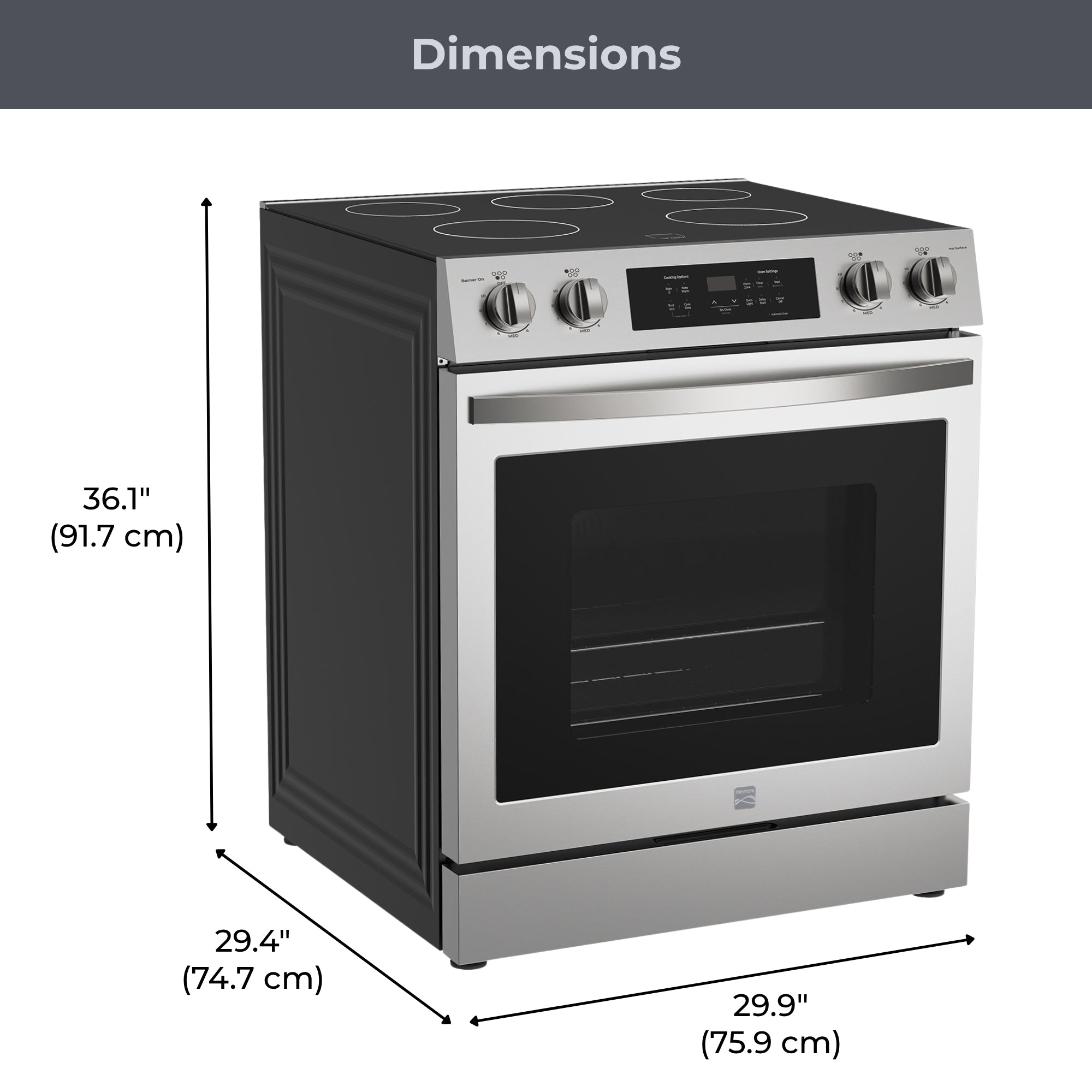 Kenmore stainless steel electric range on a white background, with dimensions labeled
