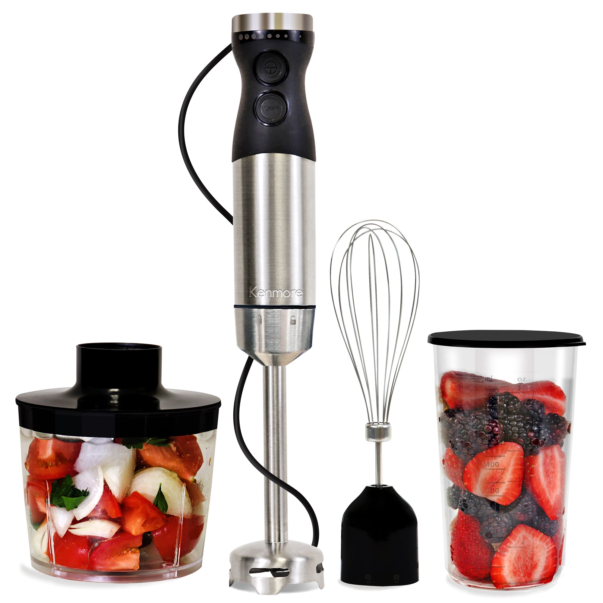 Kenmore stainless steel hand blender with blending stick attached and food chopper filled with salsa ingredients, whisk attachment, and beaker filled with berries arranged around it on a white background