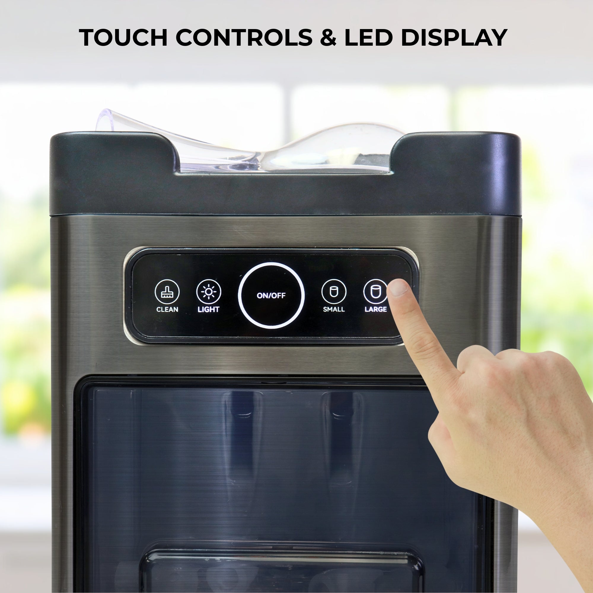 Closeup of a person's finger touching the control of the Kenmore front-load bullet ice maker. Text above reads, "Touch controls and LED display."