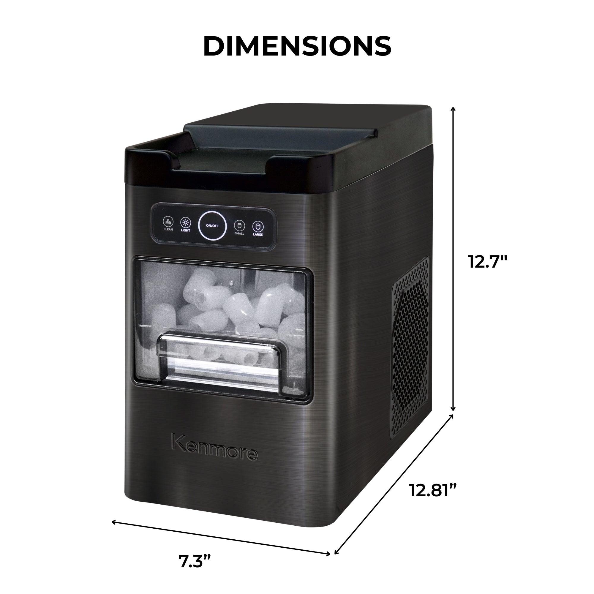 Kenmore automatic front-load ice maker on white background with dimensions labeled