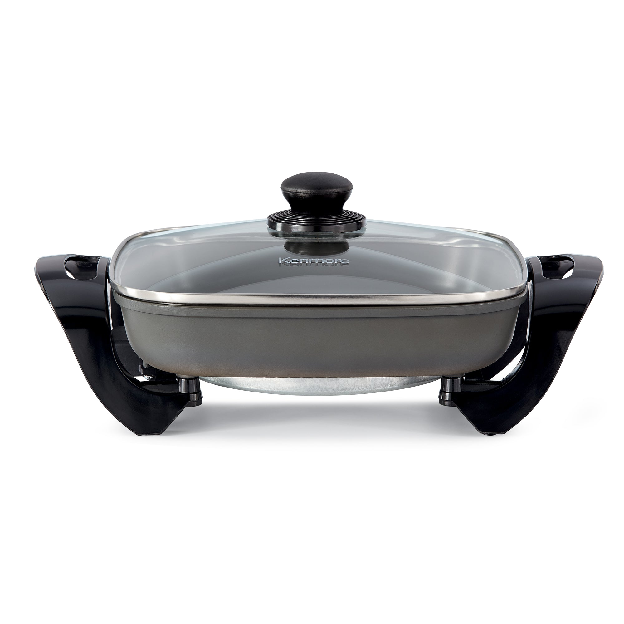 Kenmore non-stick electric skillet with glass lid on a white background
