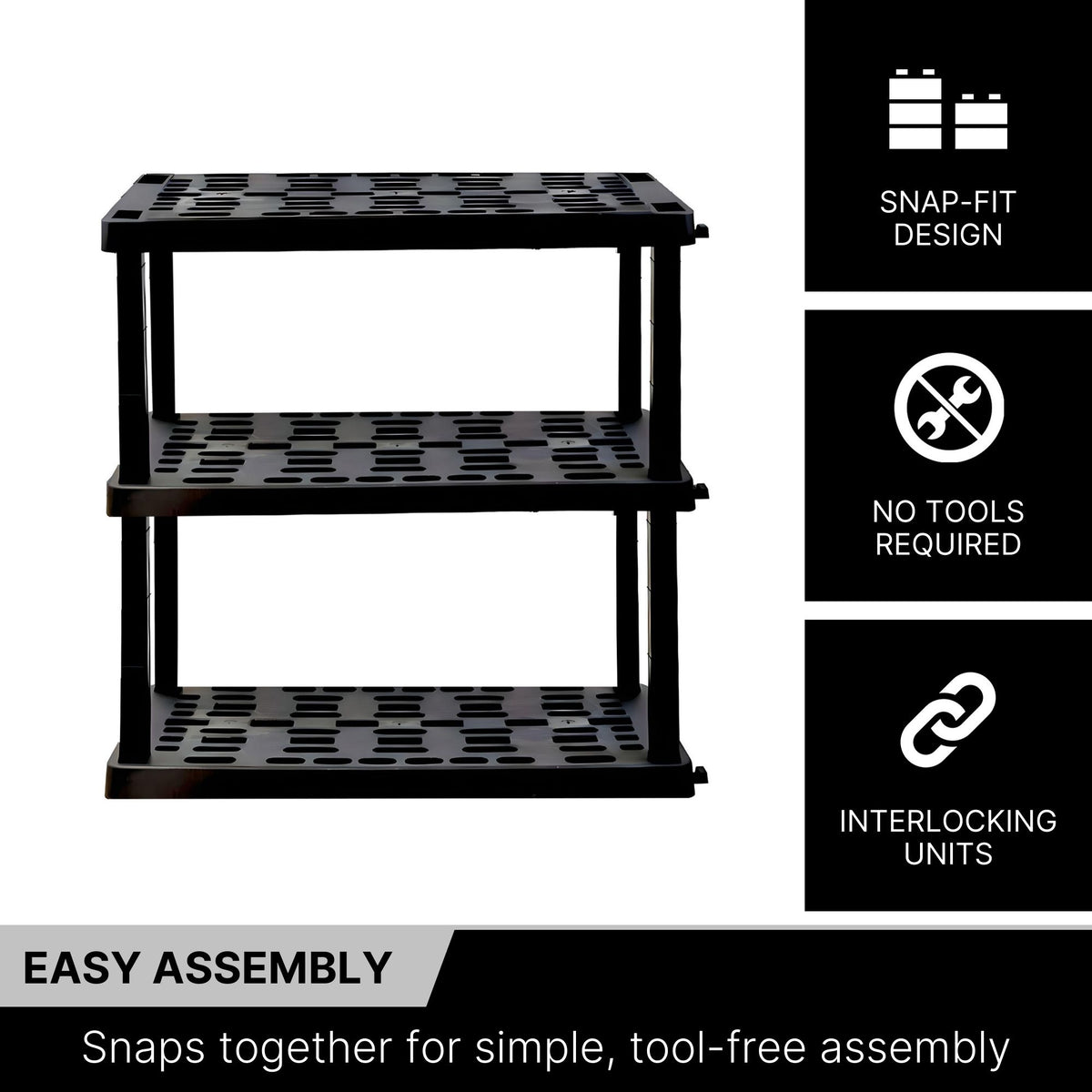 Oskar 3-tier storage shelf on a white background with text and icons to the right describing features: Snap-fit design; No tools required; Interlocking units. Text below reads,"Easy assembly: Snaps together for simple, tool-free assembly"
