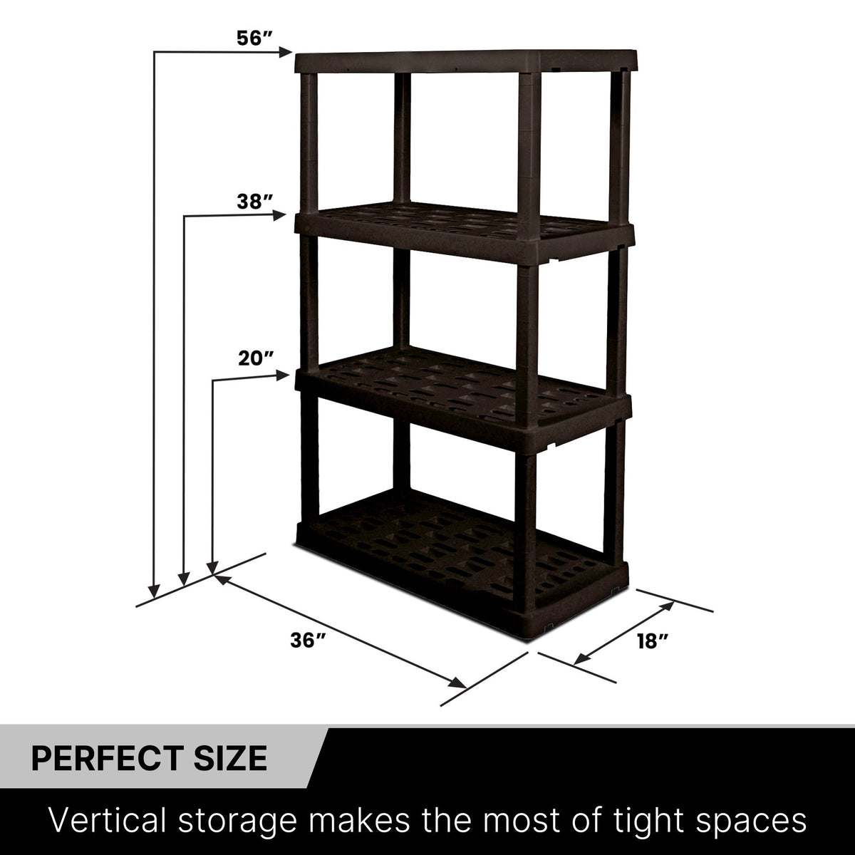 Oskar 4-tier storage shelf unit empty on a white background with dimensions labeled. Text below reads, "Perfect size: Vertical storage makes the most of tight spaces"