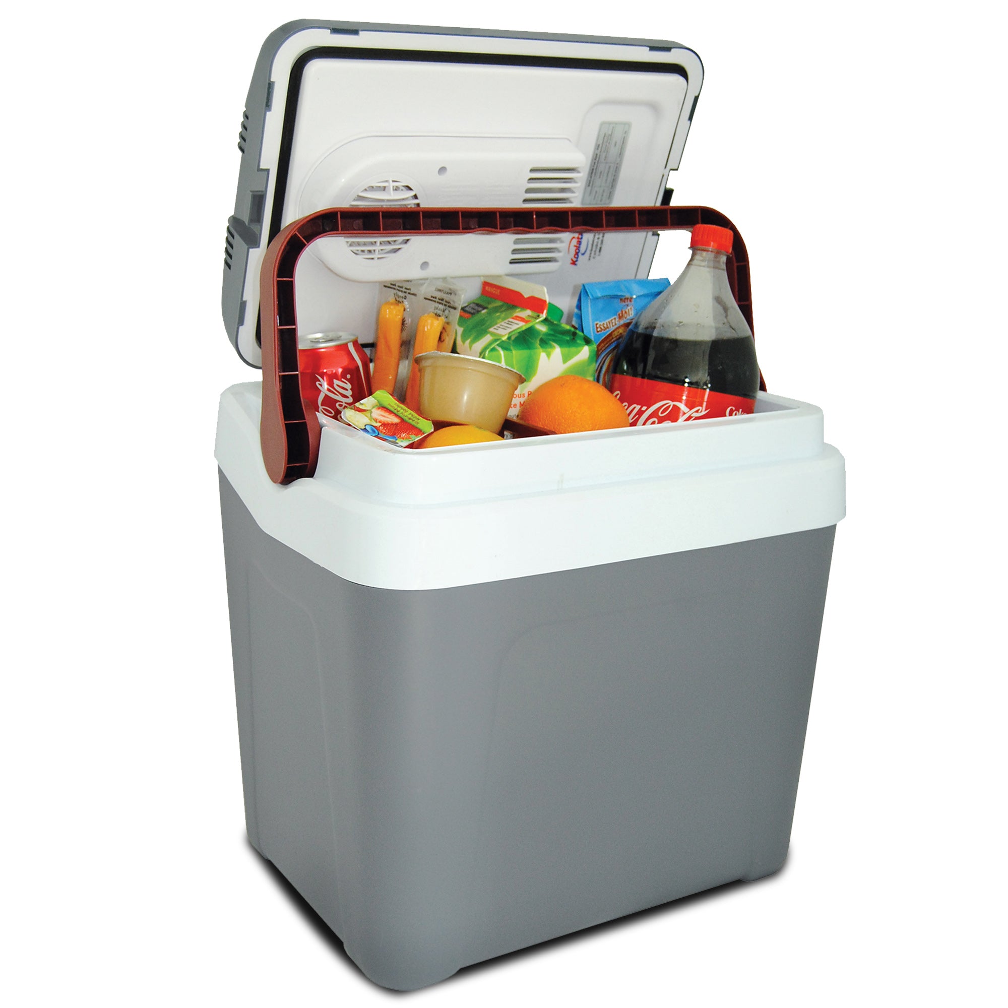 Koolatron 12V travel cooler, open with food inside, on a white background