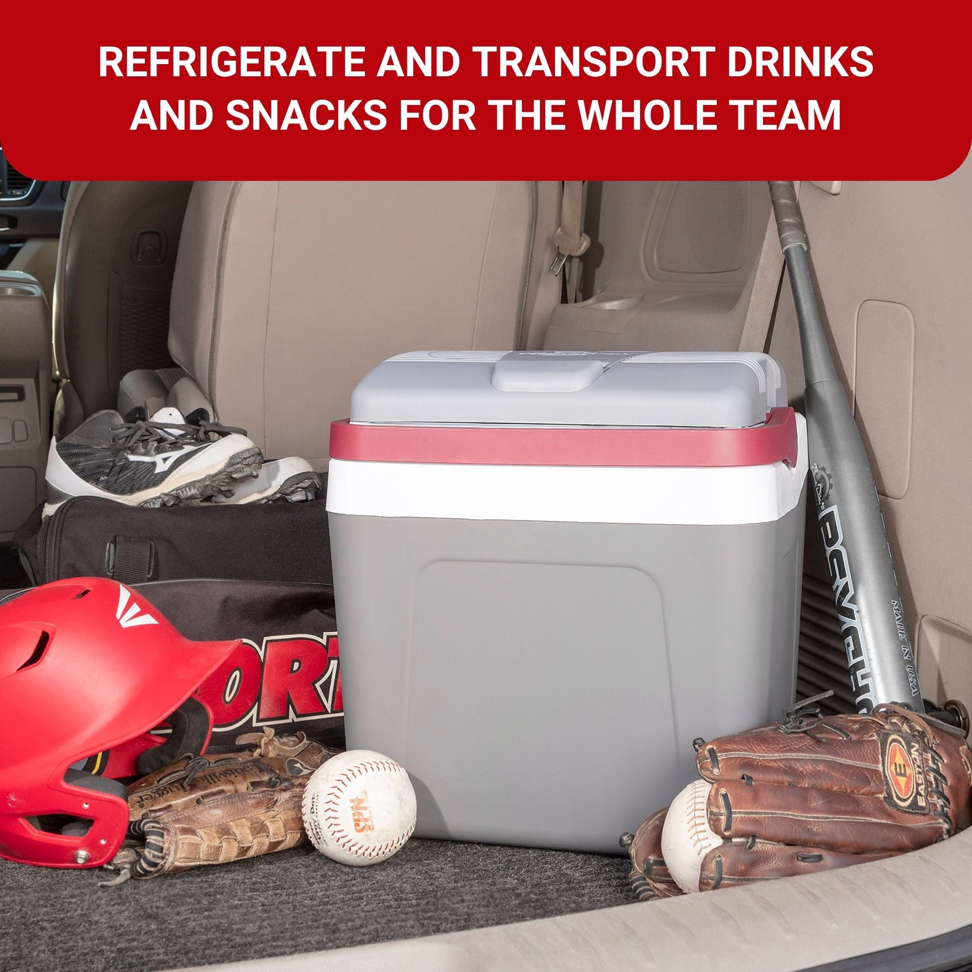 Koolatron portable 12V cooler, closed, in the back of a van, surrounded by baseball equipment. Text above reads, "REFRIGERATE AND TRANSPORT DRINKS AND SNACKS FOR THE WHOLE TEAM"