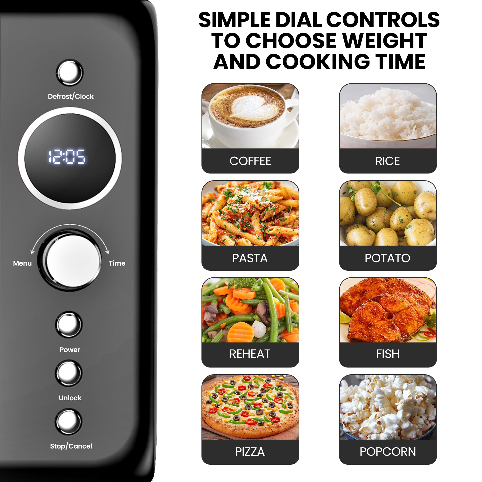 Total Chef Retro Microwave Oven | 20L / 0.7 Cu Ft | Quick Start & Defrost By Weight/Time | 8 Pre-set Cooking Modes For Coffee, Rice, Pasta, Potato, Reheat, Fish, Pizza, Popcorn | 700W | Black