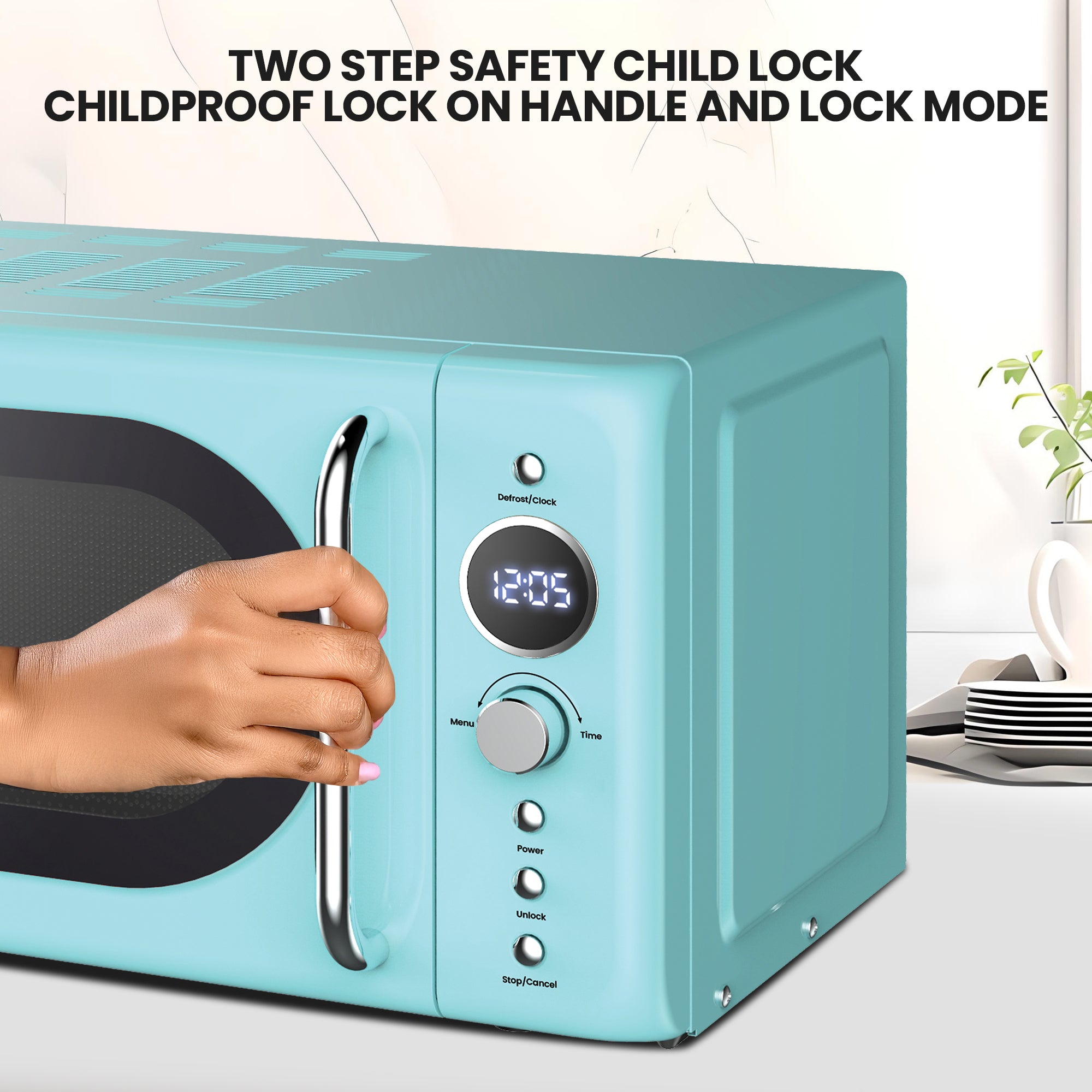 Total Chef Retro Microwave Oven | 20L / 0.7 Cu Ft | Quick Start & Defrost By Weight/Time | 8 Pre-set Cooking Modes For Coffee, Rice, Pasta, Potato, Reheat, Fish, Pizza, Popcorn | 700W | Blue