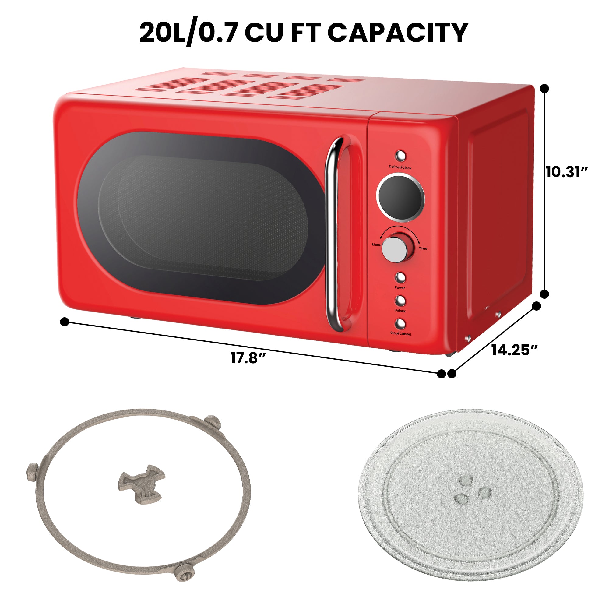 Total Chef Retro Microwave Oven | 20L / 0.7 Cu Ft | Quick Start & Defrost By Weight/Time | 8 Pre-set Cooking Modes For Coffee, Rice, Pasta, Potato, Reheat, Fish, Pizza, Popcorn | 700W | Red