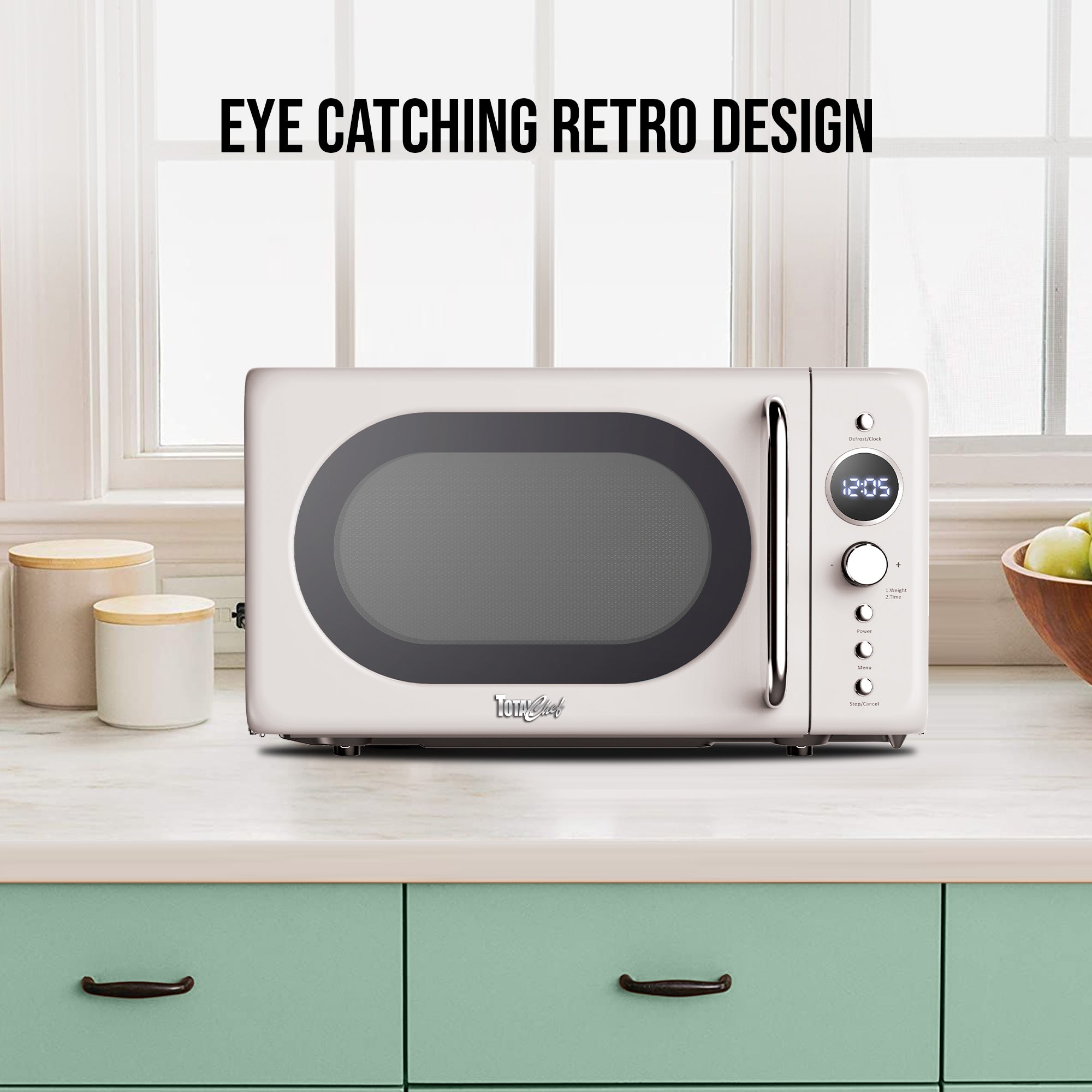 Total Chef Retro Microwave Oven | 20L / 0.7 Cu Ft | Quick Start & Defrost By Weight/Time | 8 Pre-set Cooking Modes For Coffee, Rice, Pasta, Potato, Reheat, Fish, Pizza, Popcorn | 700W | Cream