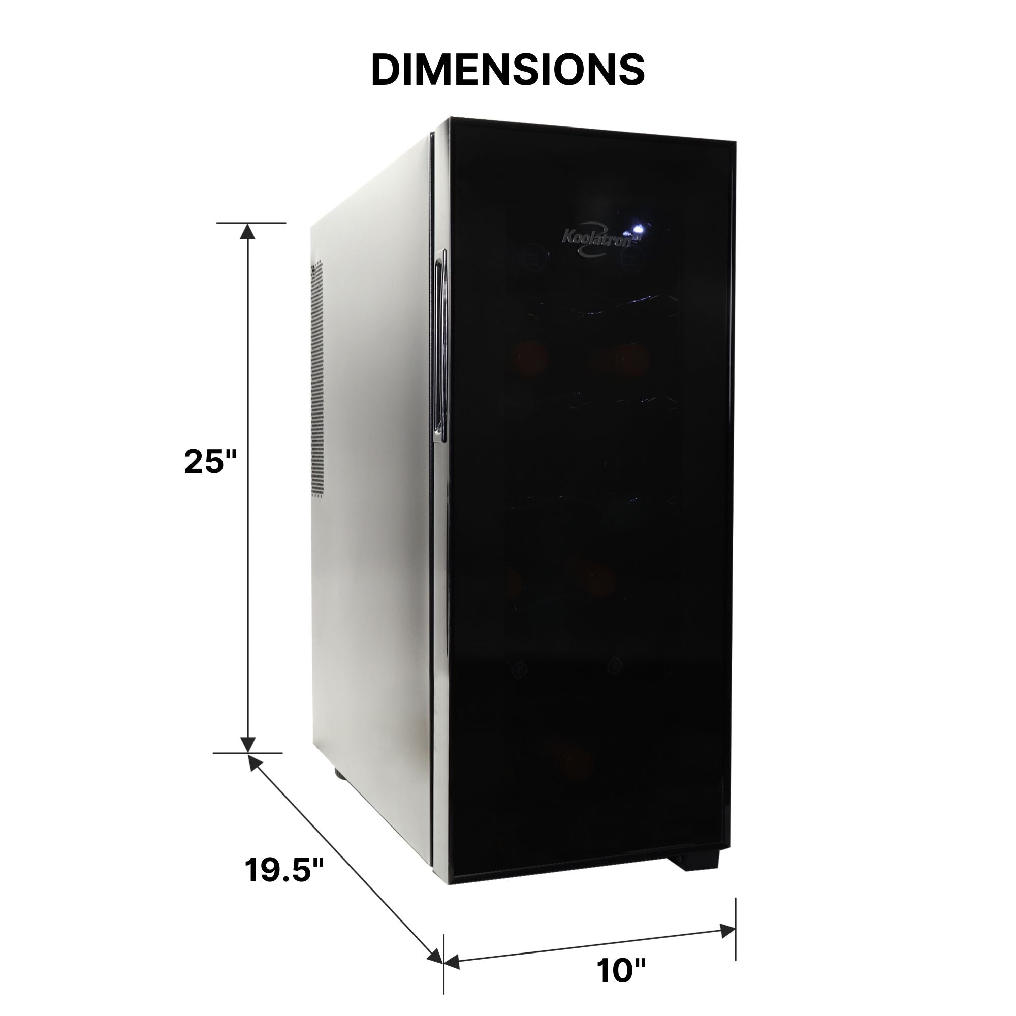 Koolatron 12 bottle thermoelectric wine fridge on a white background with dimensions labeled