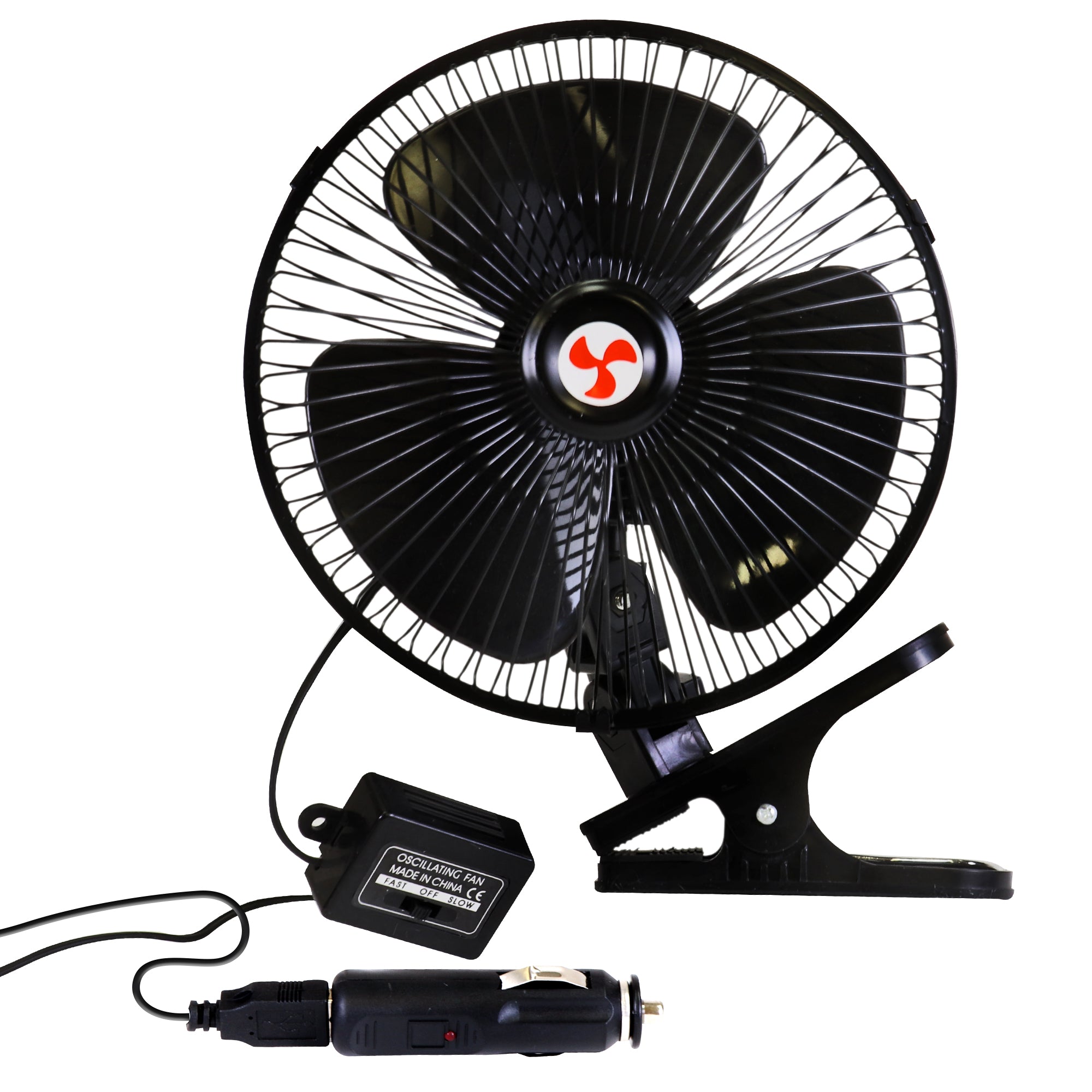 Product shot of 12V oscillating clip-on fan with control switch and power cord visible on a white background