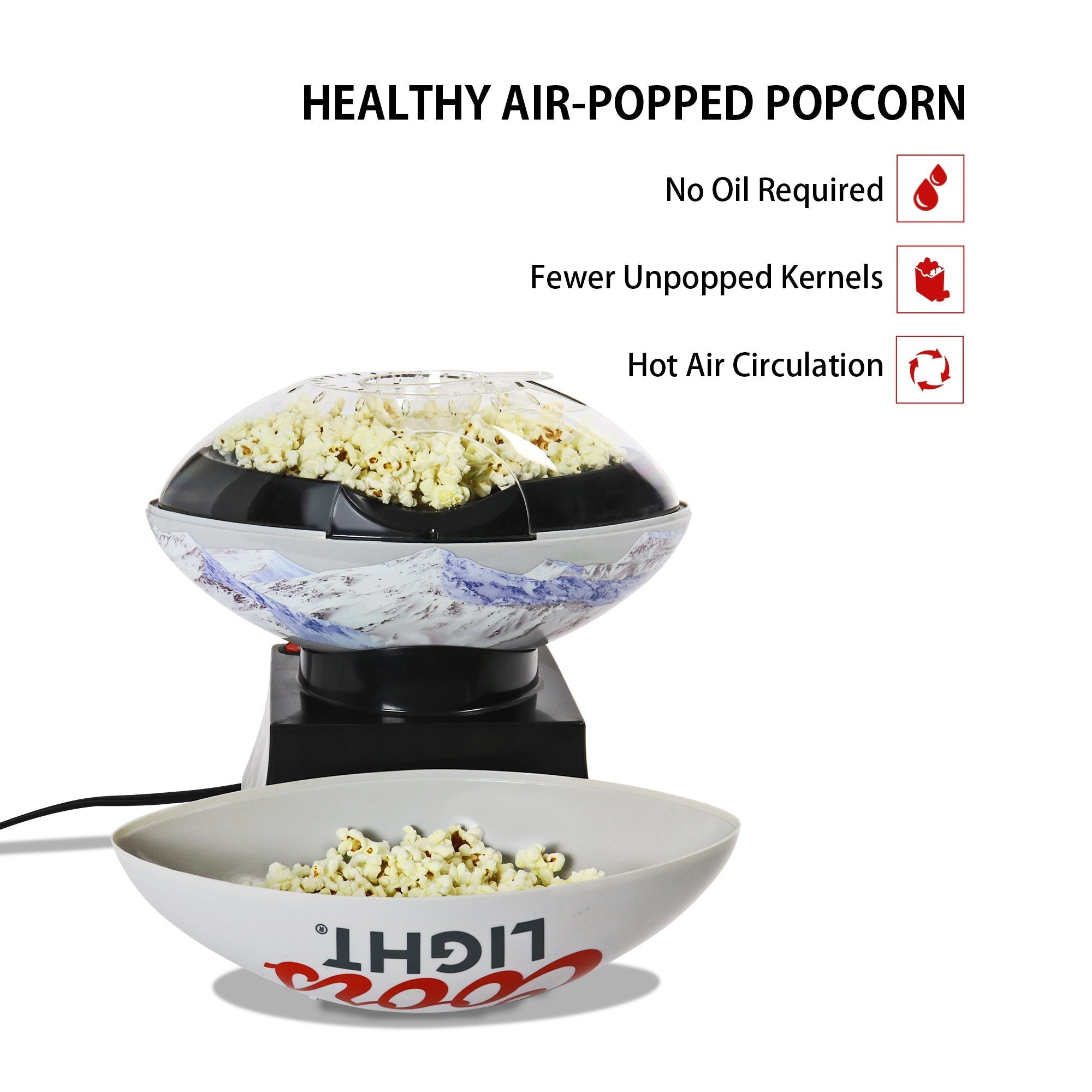 Product shot of Coors Light popcorn maker on a white background with serving bowl full of popcorn in front. Text above reads "Healthy air-popped popcorn" and text and icons to the right describe No oil required; fewer unpopped kernels; hot air circulation