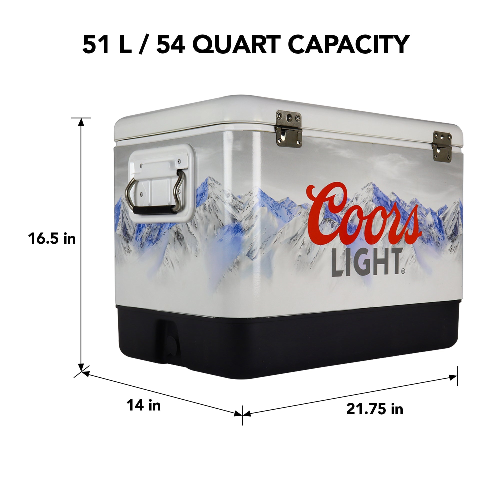 Product shot of Coors Light 51 liter ice chest with bottle opener, closed, on a white background, with dimensions labeled. Text above reads, "51L/54 quart capacity"