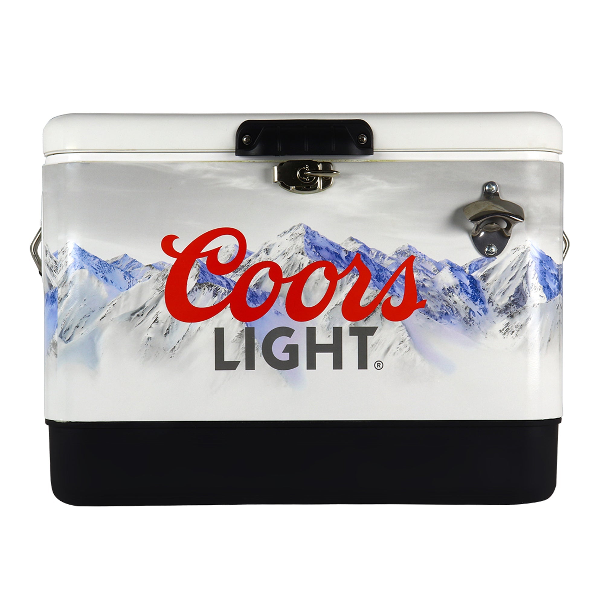 Product shot of Coors Light 51 liter ice chest with bottle opener, closed, on a white background