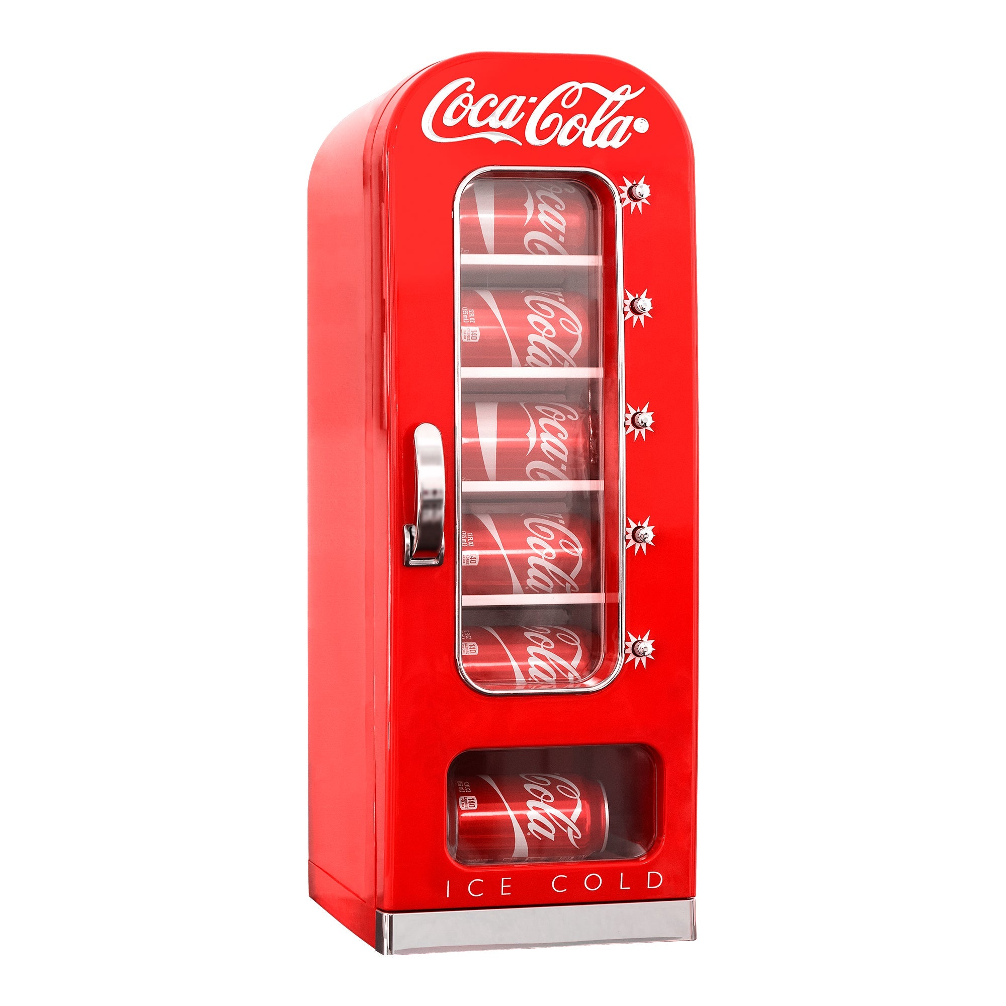 Product shot of Coca-Cola 10 can vending mini fridge filled with cans of Coke on a white background