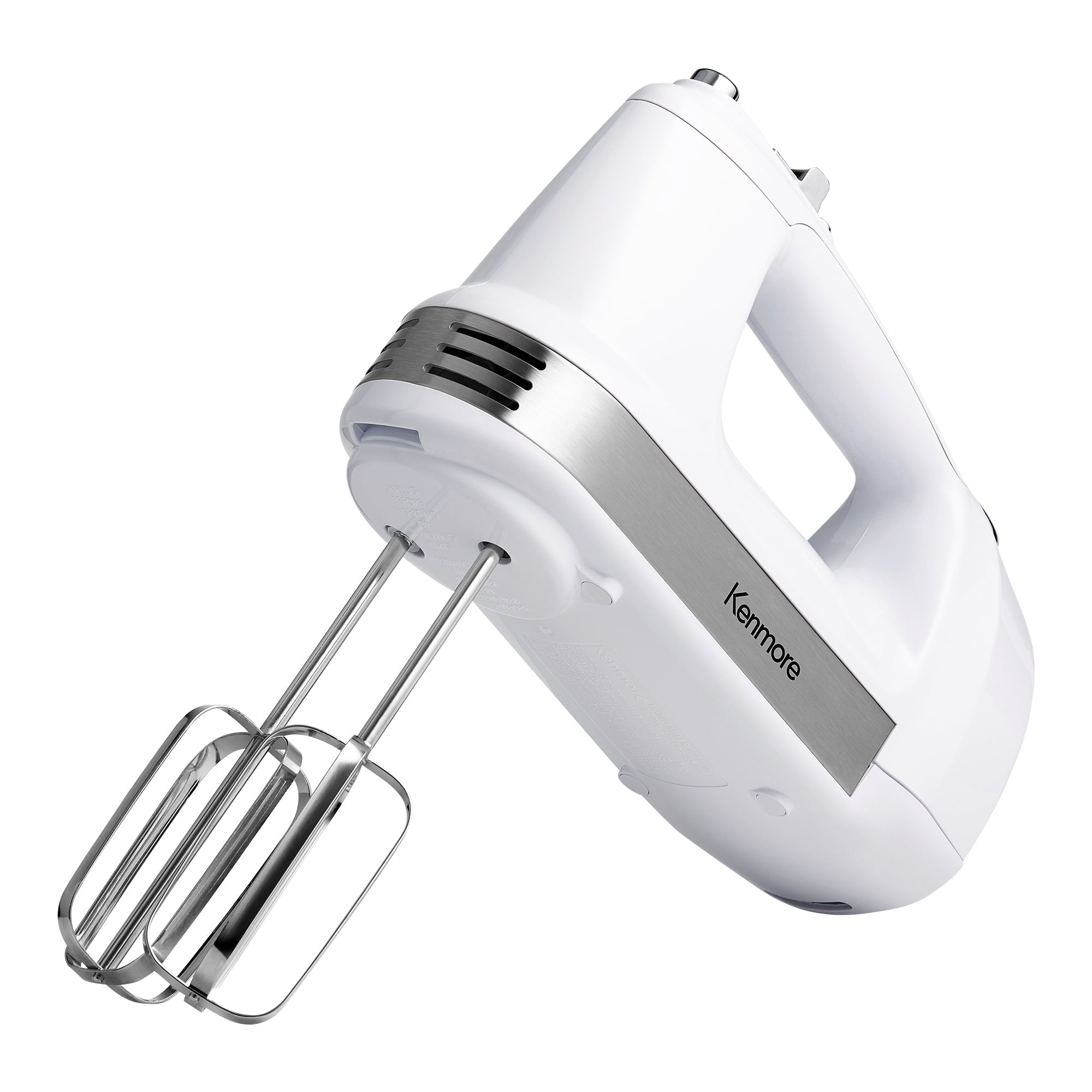 Product shot of hand mixer on white background with beaters attachedKenmore 5-speed hand mixer on white background with beaters attached