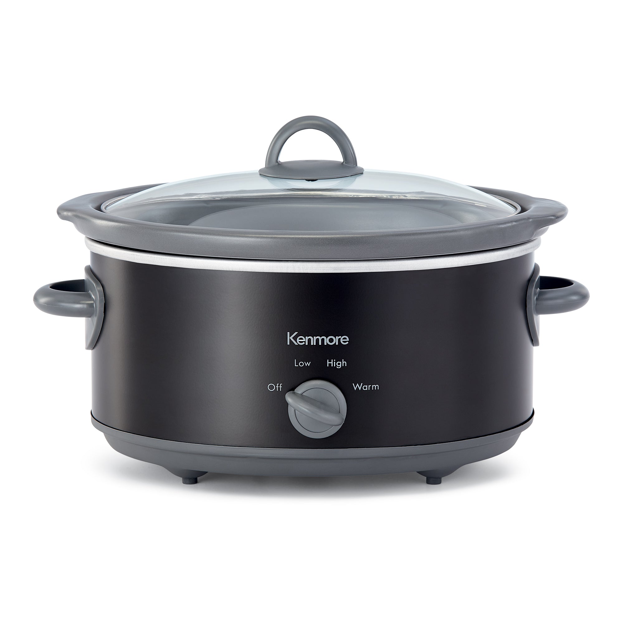 Kenmore 5 quart black slow cooker on a white background