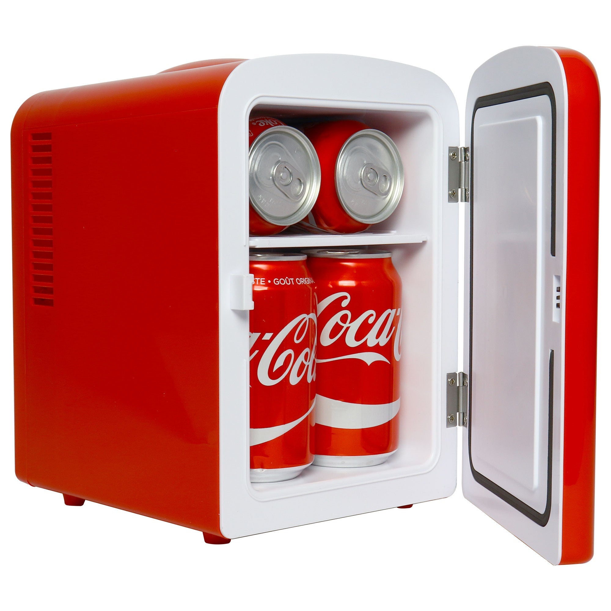 Product shot of Coca-Cola Classic Bottle 6 can mini fridge open with 6 cans of Coke inside on a white background