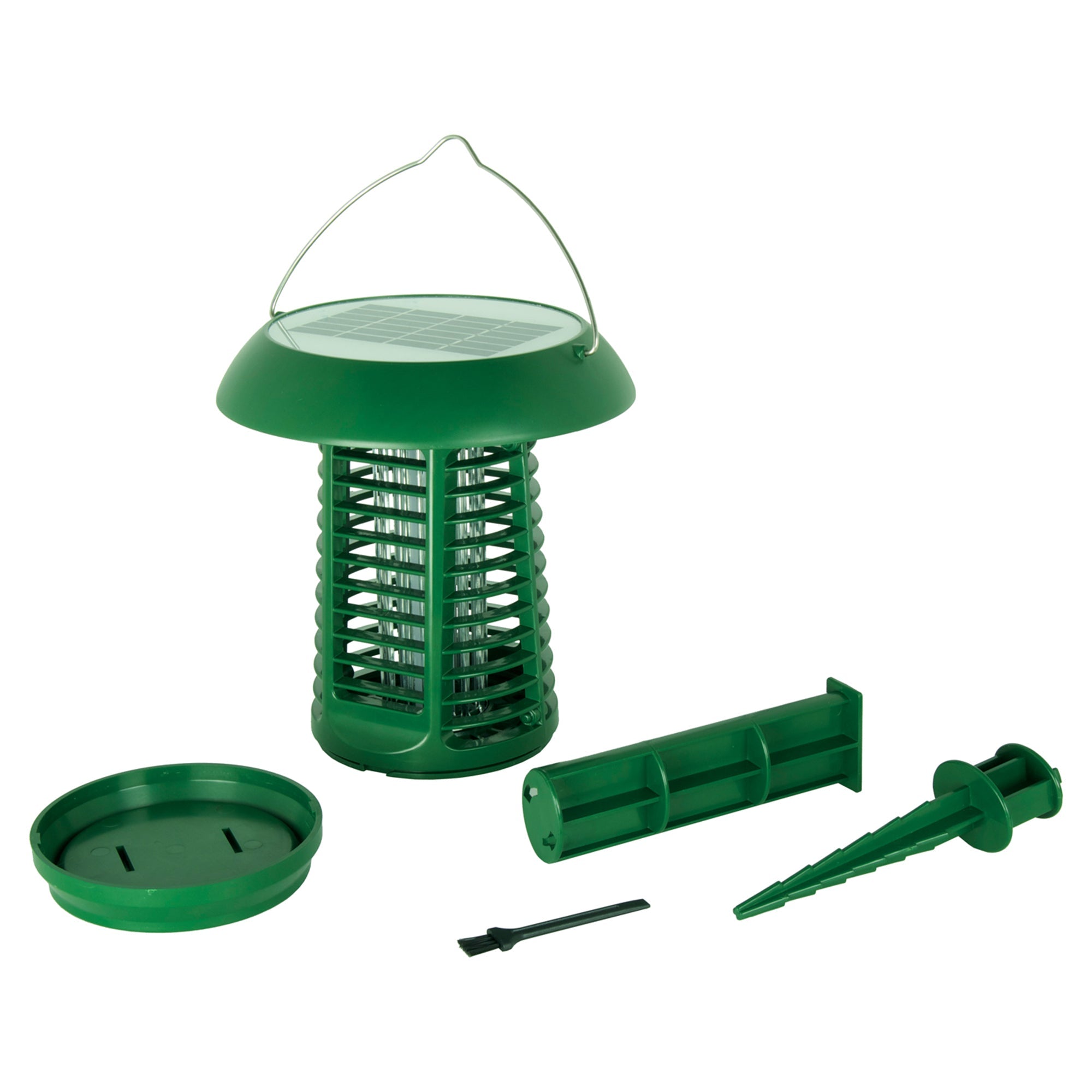Bite Shield solar powered electronic flying insect zapper, ground stake, catch cup, and cleaning brush on a white background
