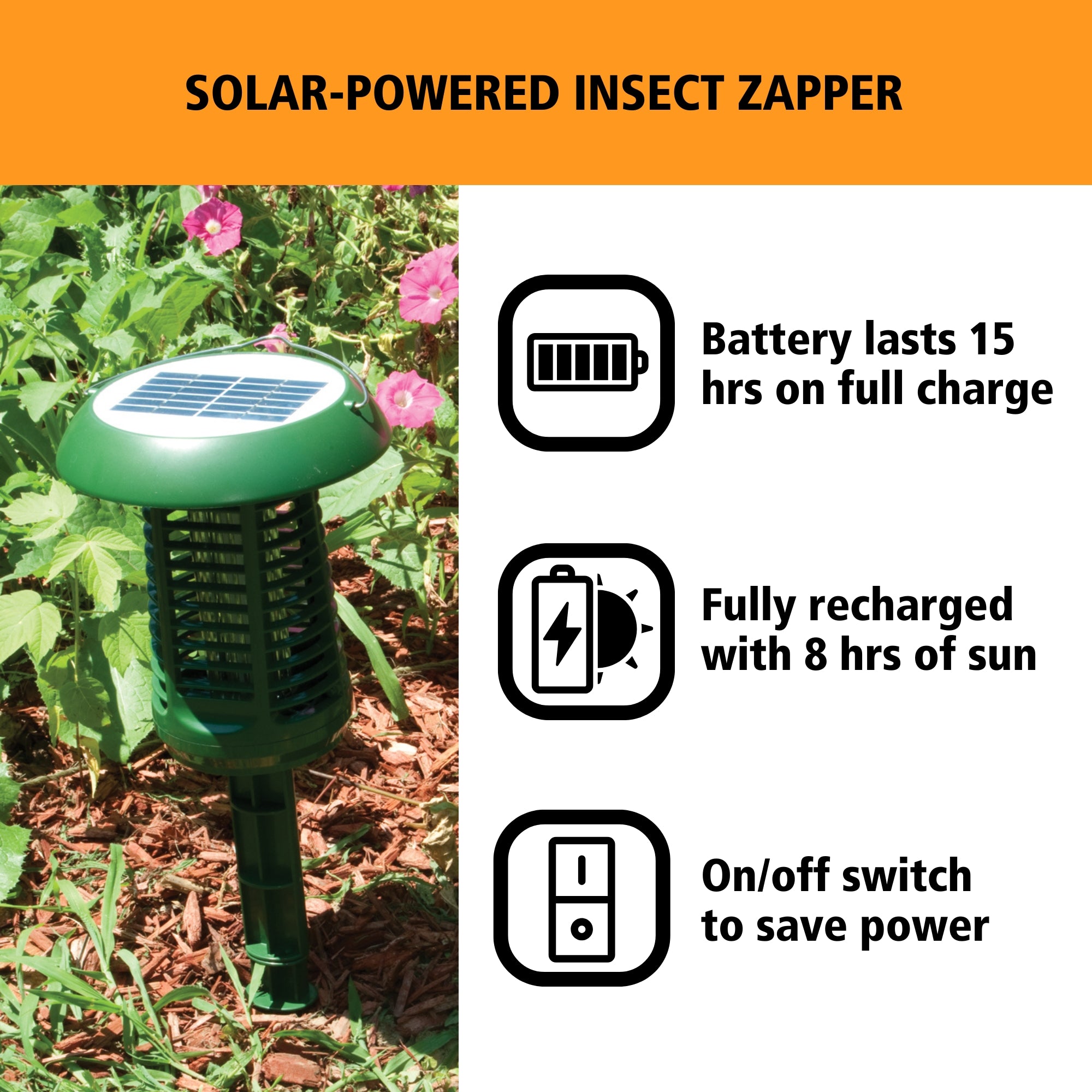 Bite Shield solar powered electronic flying insect zapper set up in a garden with green leaves and pink flowers in the background. Text above reads, "Solar-powered insect zapper," and text and icons to the right describe features: Battery lasts 15 hrs on full charge; Fully recharged with 8 hrs of sun; On/off switch to save power.