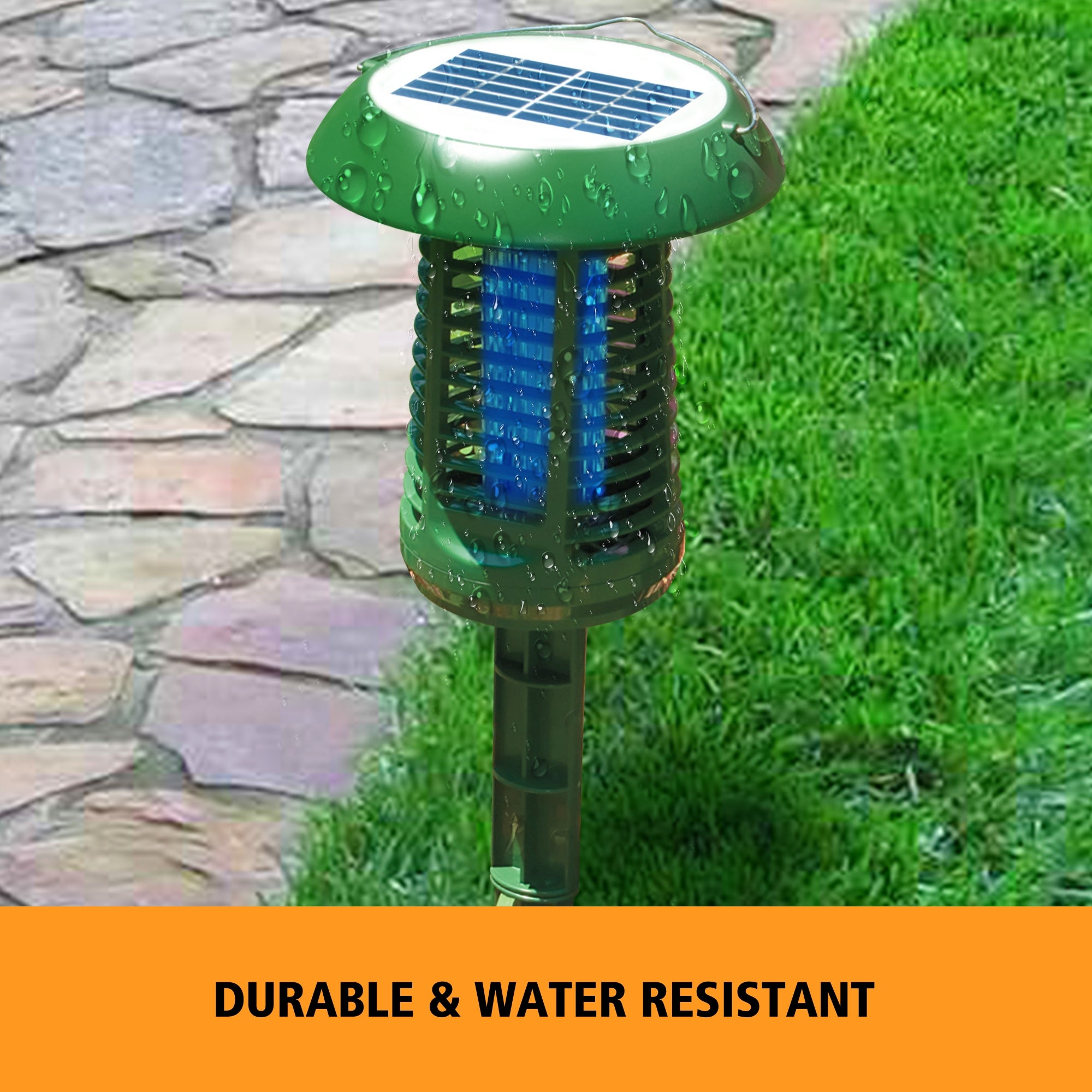 Bite Shield solar powered electronic flying insect zapper with water drops all over it mounted on the ground stake in grass to the right of a stone pathway. Text below reads, "Durable and water resistant."
