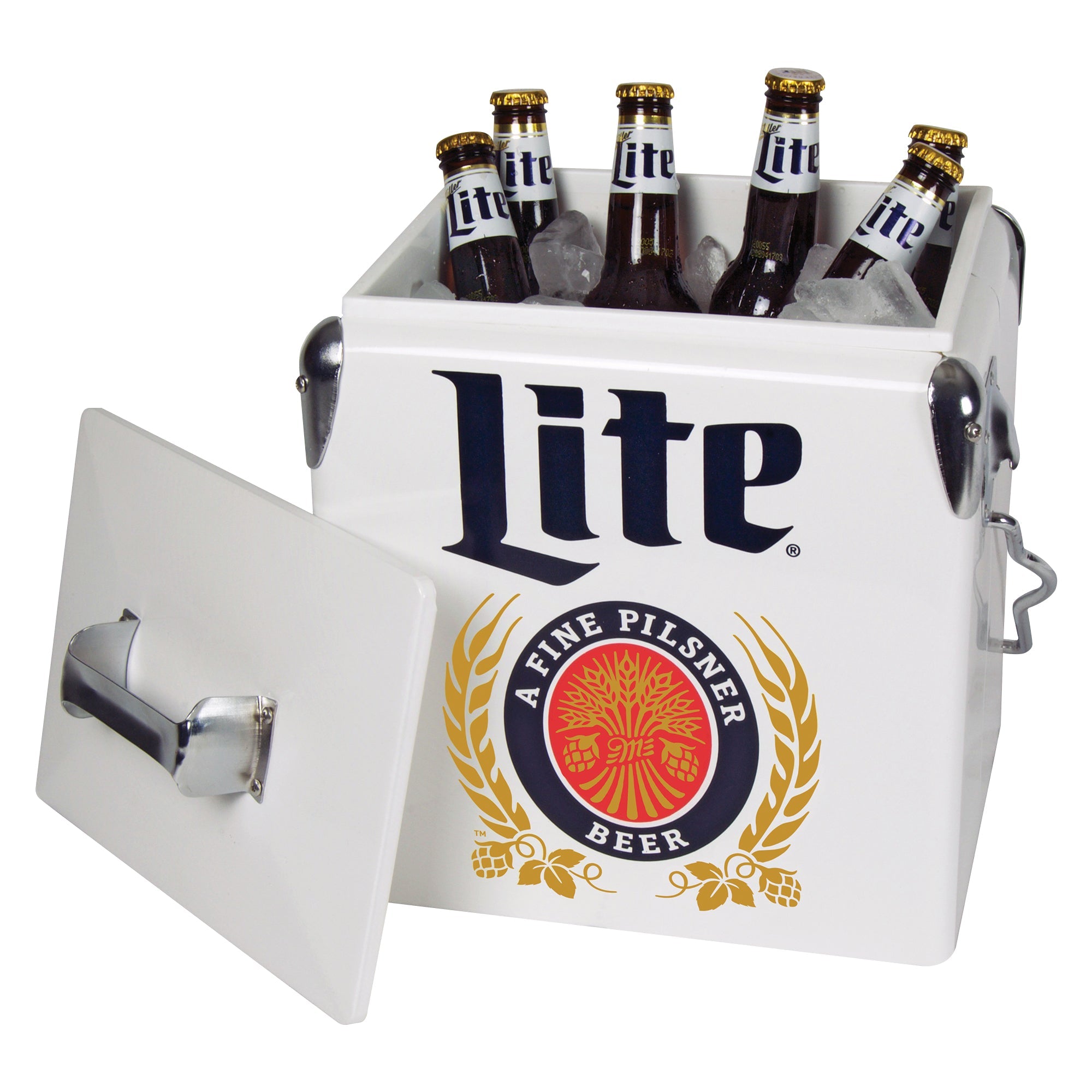 Product shot of Miller Lite retro ice chest, open with ice and bottles of Miller Lite beer inside and the lid leaning against it, on a white background