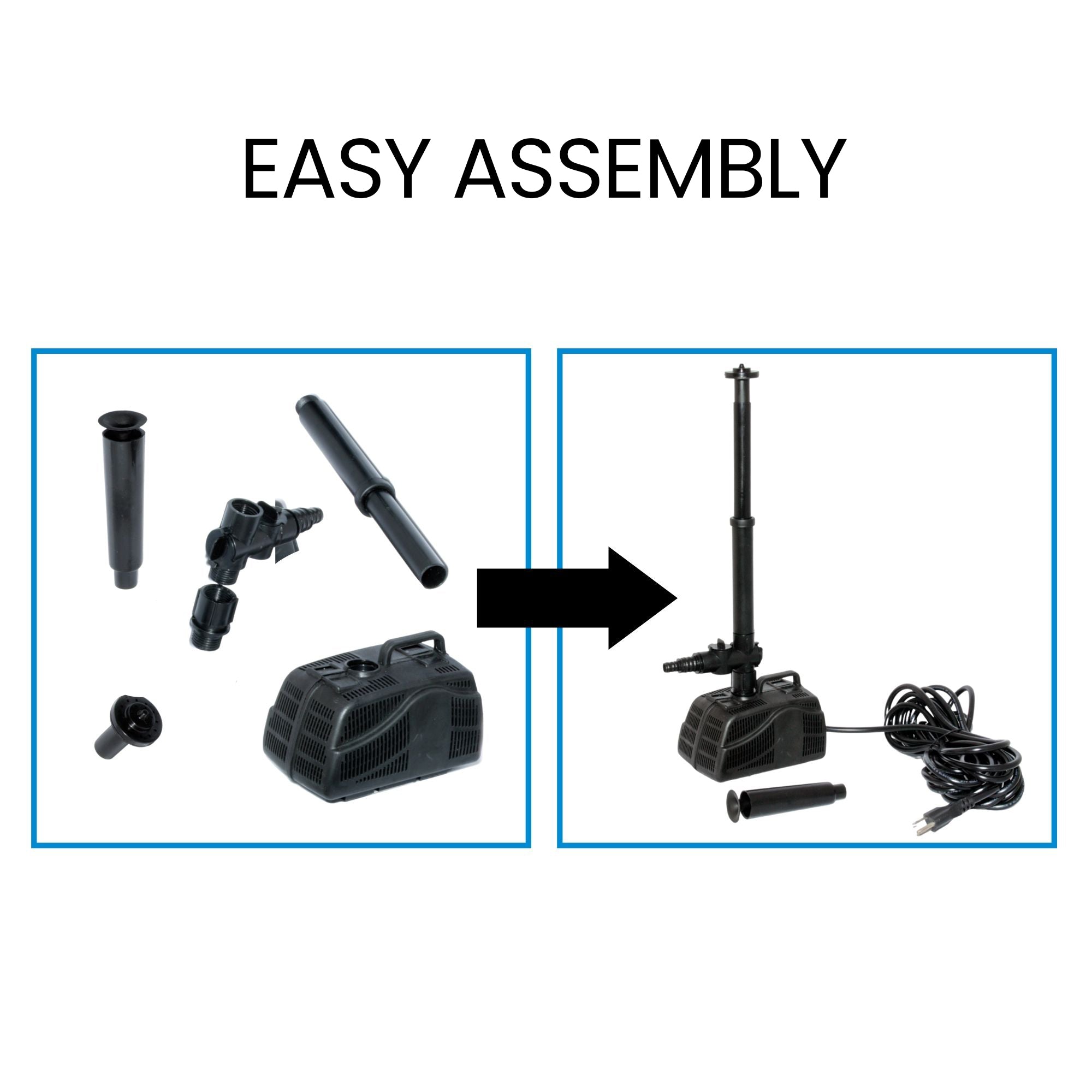 A black arrow points from the left image, a product shot of the disassembled pump parts, to the right image, a product shot of the assembled pump. Text above reads, "Easy assembly"