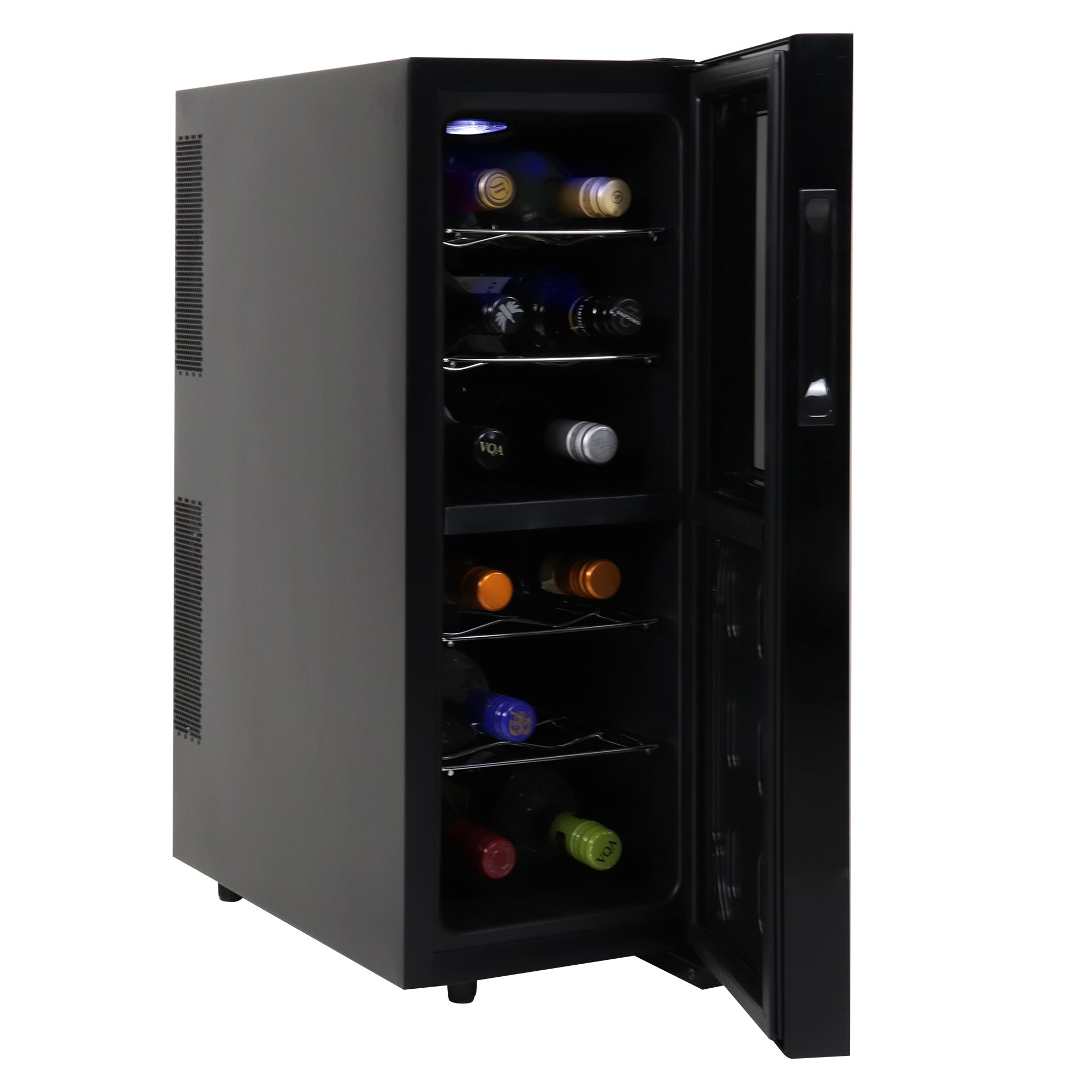 Koolatron 12 bottle dual zone wine cooler, open with bottles of wine inside, on a white background