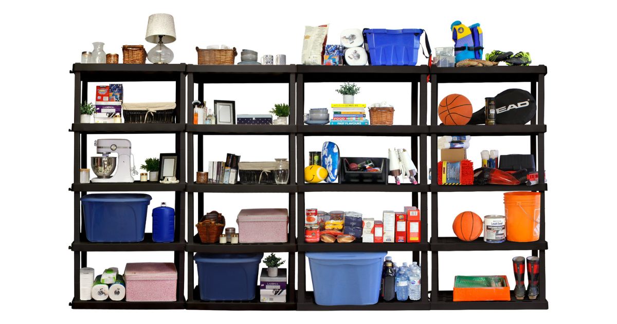 A product shot of four storage shelves against a white background. Each shelf has a different assortment of items on them.