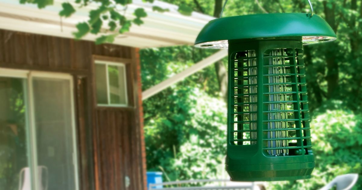 A green mosquito trap hangs from a wooden post. In the background is a house with patio furniture and behind the house are green trees.