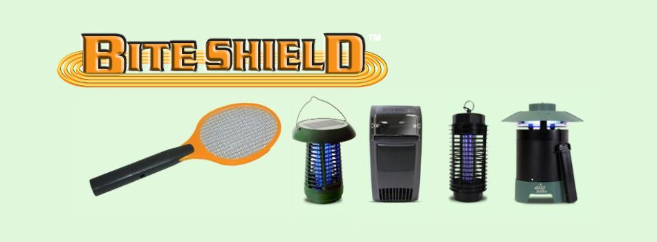 Bite Shield logo plus product shots of raquet zapper, solar zapper, wall-mount insect trap, electric insect zapper, and 1/4 acre mosquito trap on a pale green background