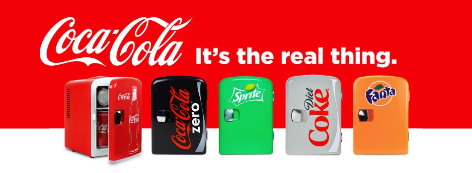 Product shots of Coke-branded 4L mini fridges on a red and white background with the Coca-Cola logo and text reading, "It's the real thing," above
