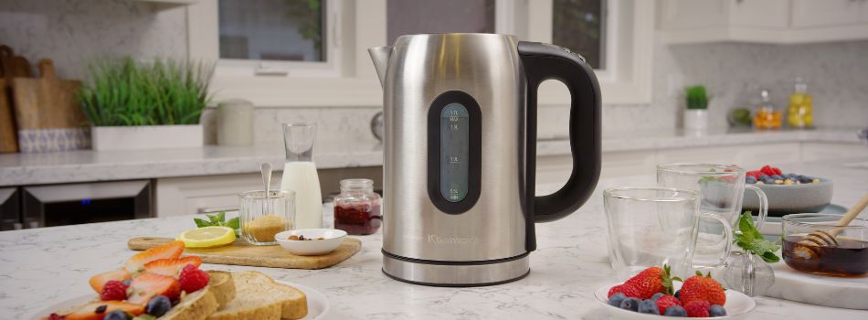 Lifestyle image of Kenmore Tea Kettle, with fruits, toast and breakfast items on kitchen counter