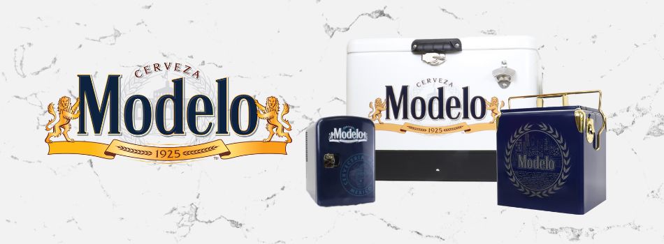 Modelo logo plus product shots of the Modelo 4L mini fridge, 54 qt ice chest, and retro ice chest cooler, on a white and gray marbled background
