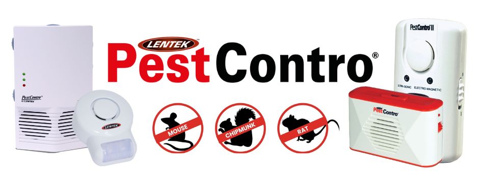 Image shows the PestContro logo in the centre with two product shots of ultrasonic and electromagnetic rodent repellers on either side and crossed out images of a mouse, chipmunk, and rat below