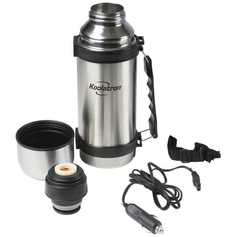 Product shot of 12V heated thermos bottle with cup, dispensing lid, and power cord beside it on a white background